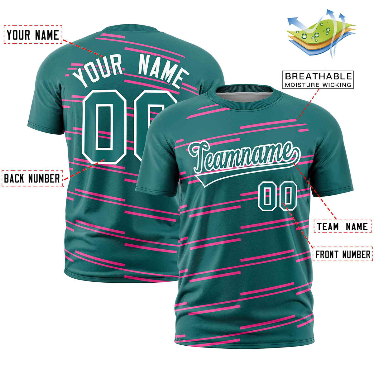 Custom Aqua Pink Personalized Slanting Line Graffiti Pattern Performance T-Shirt