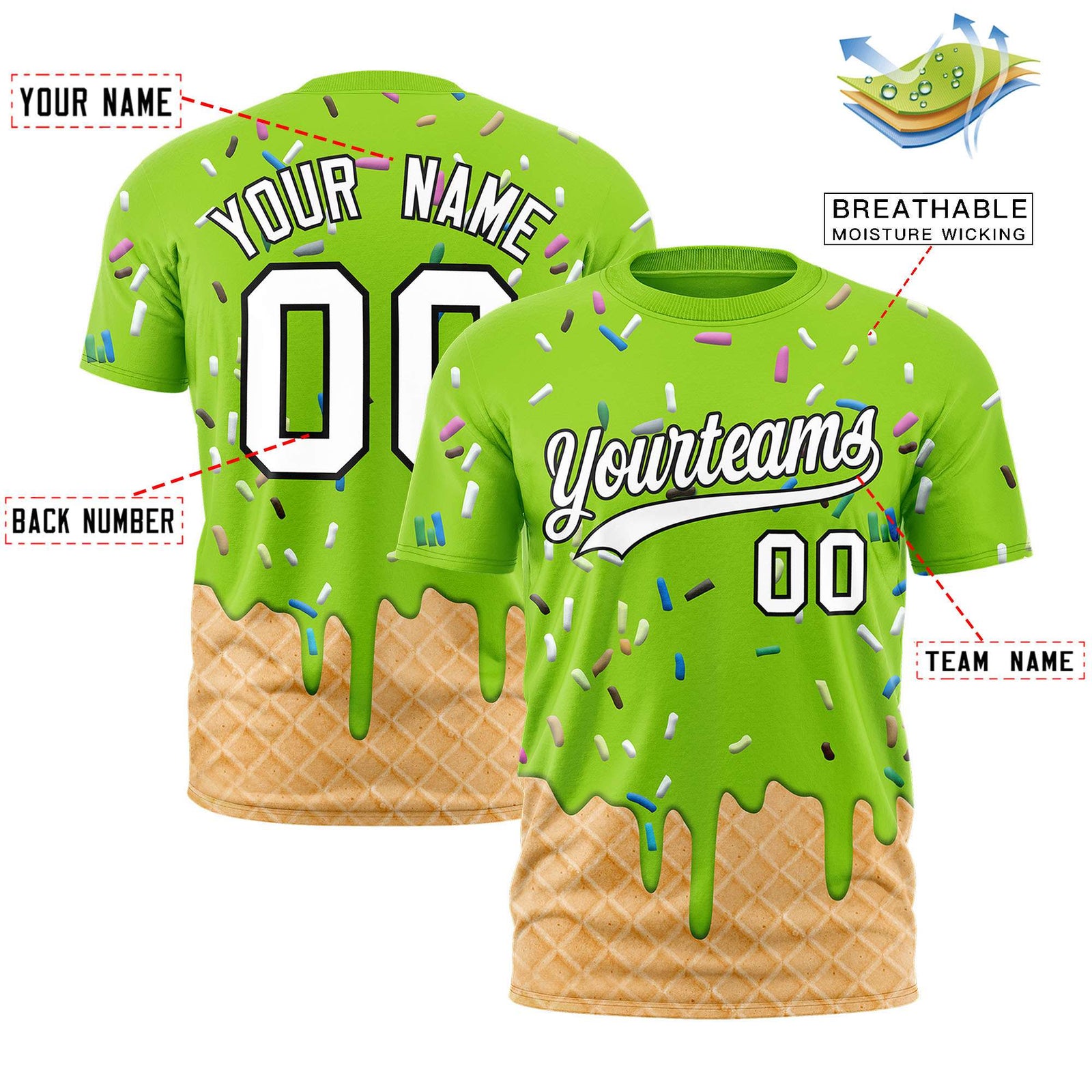 Custom Neon Green Ice Cream Cone Graffiti Pattern Fashion Authentic T-Shirt