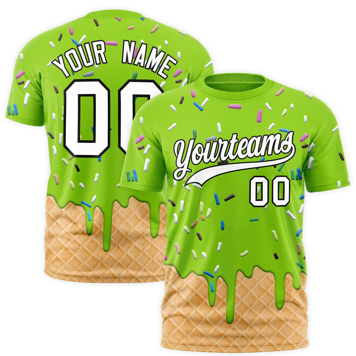 Custom Neon Green Ice Cream Cone Graffiti Pattern Fashion Authentic T-Shirt