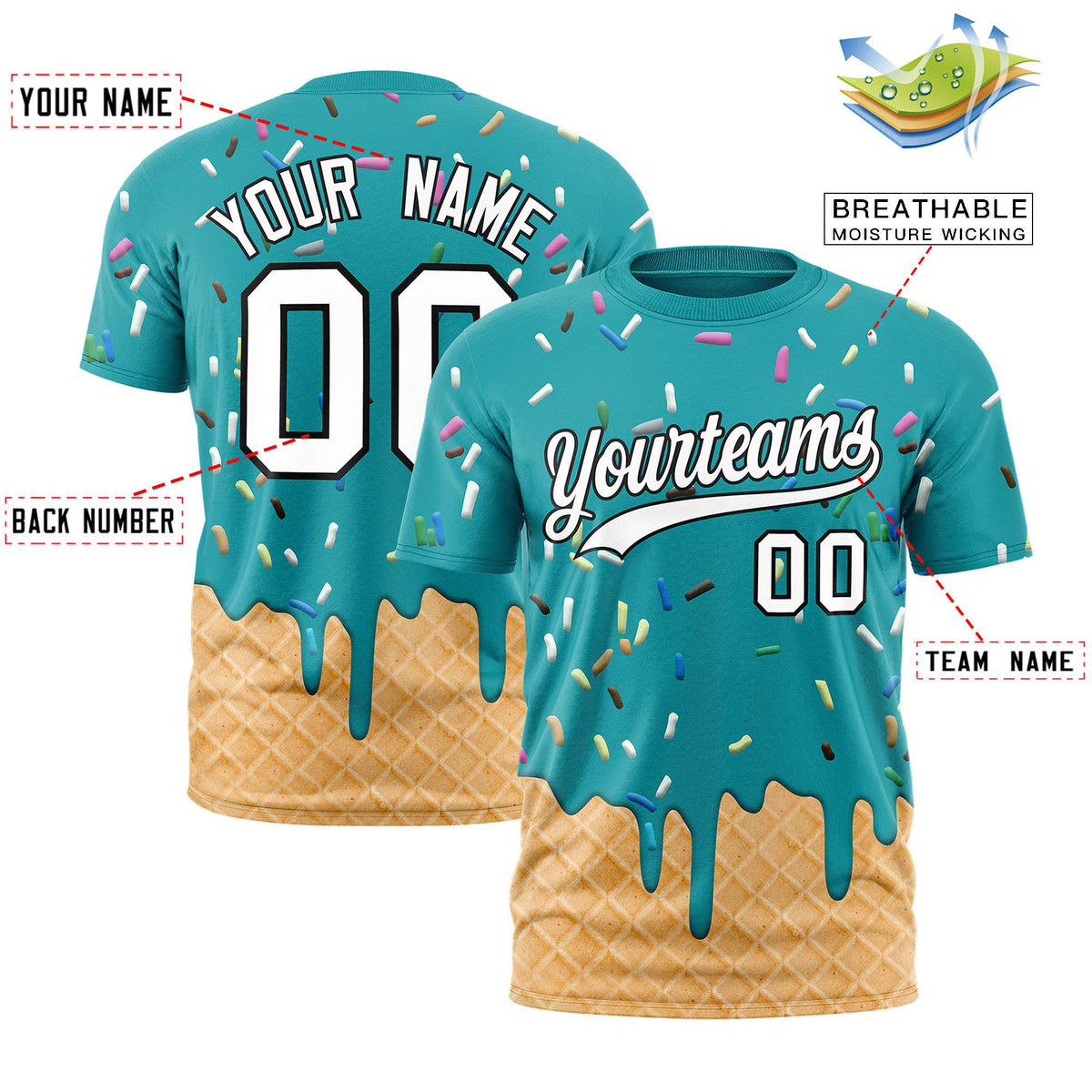 Custom Aqua Ice Cream Cone Graffiti Pattern Fashion Authentic T-Shirt