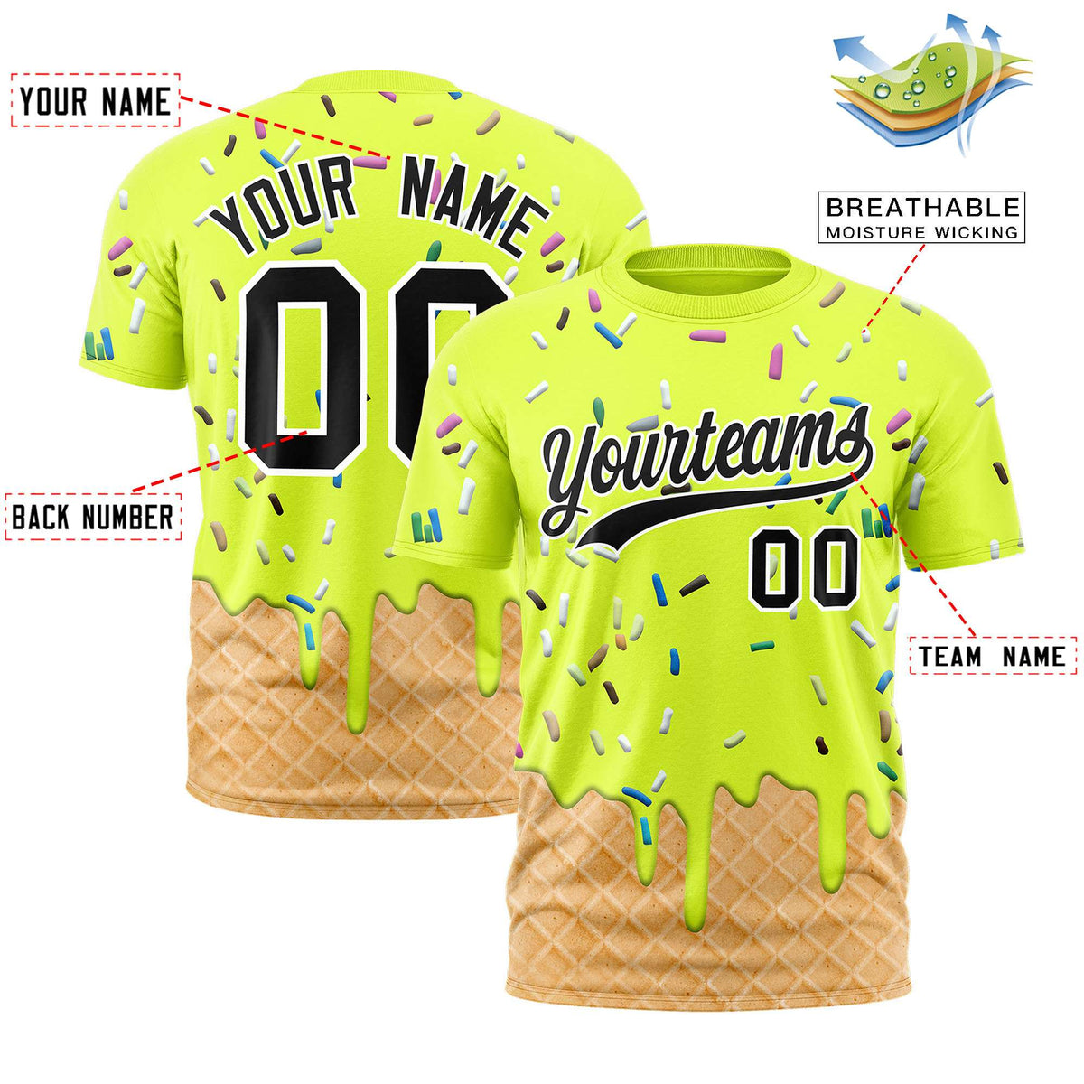 Custom Fluorescent Green Ice Cream Cone Graffiti Pattern Fashion Authentic T-Shirt