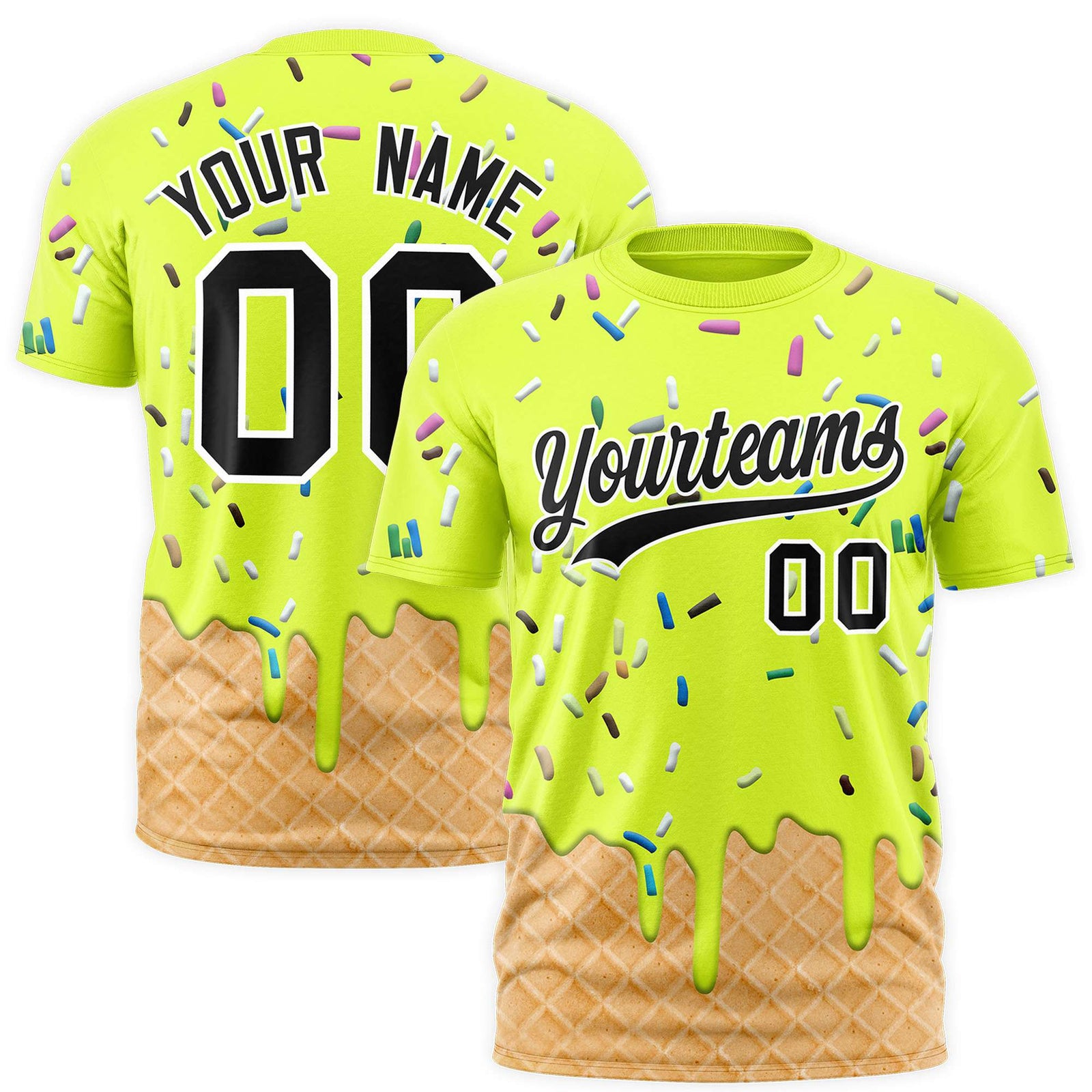 Custom Fluorescent Green Ice Cream Cone Graffiti Pattern Fashion Authentic T-Shirt