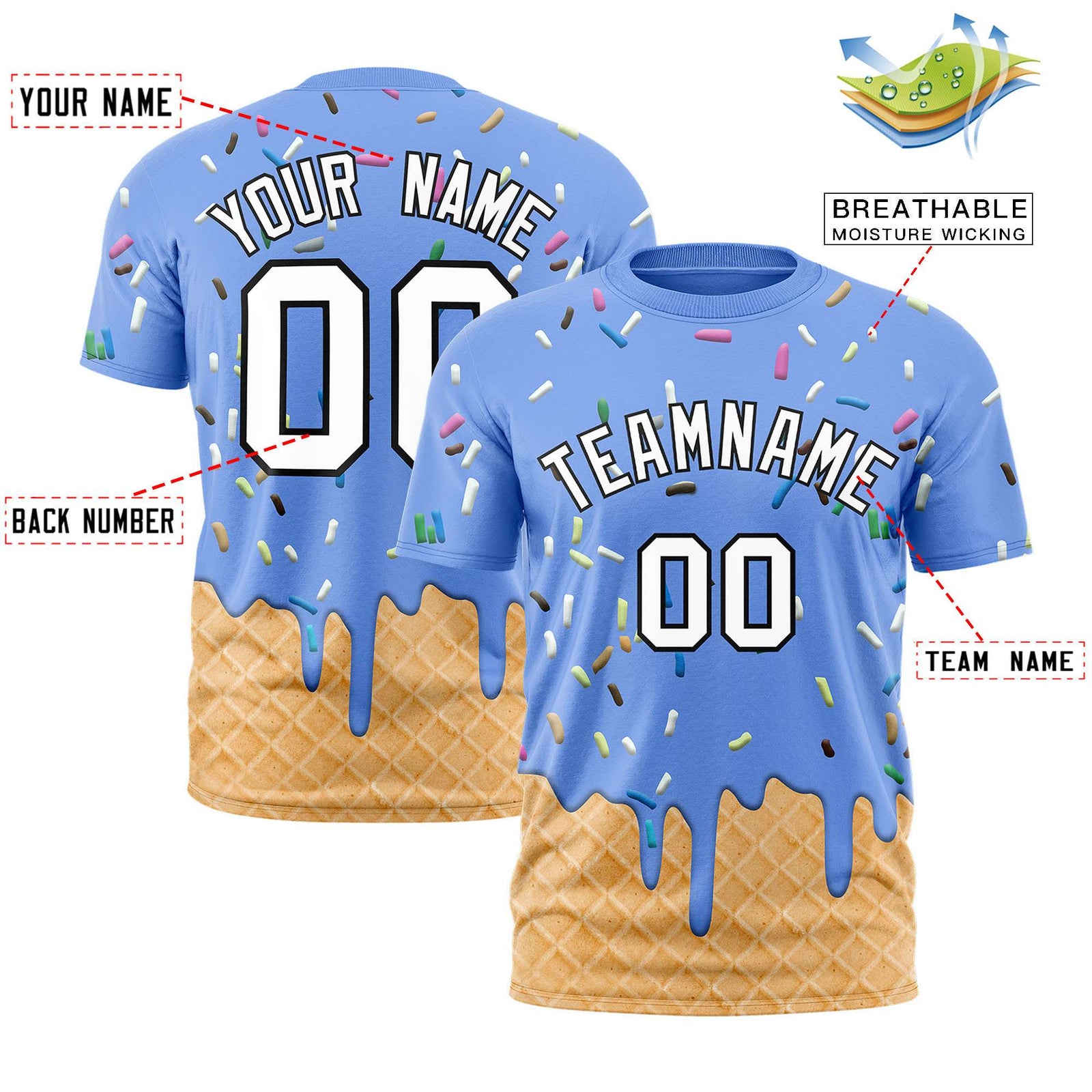 Custom Light Blue Ice Cream Cone Graffiti Pattern Fashion Authentic T-Shirt