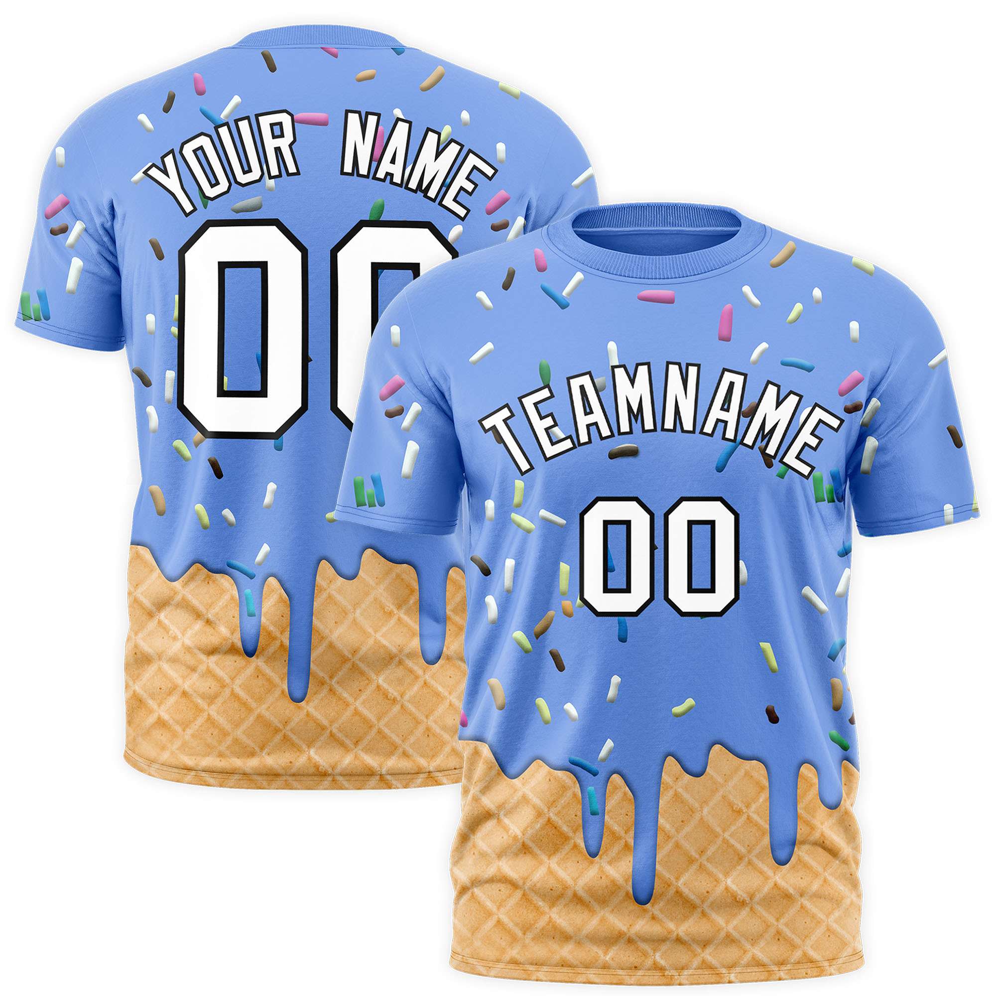 Custom Light Blue Ice Cream Cone Graffiti Pattern Fashion Authentic T-Shirt