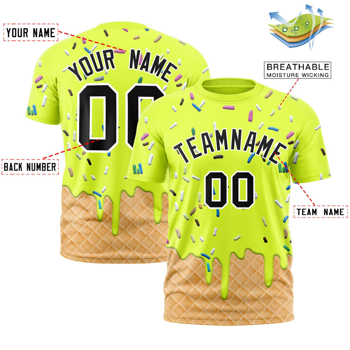 Custom Fluorescent Green Ice Cream Cone Graffiti Pattern Fashion Authentic T-Shirt