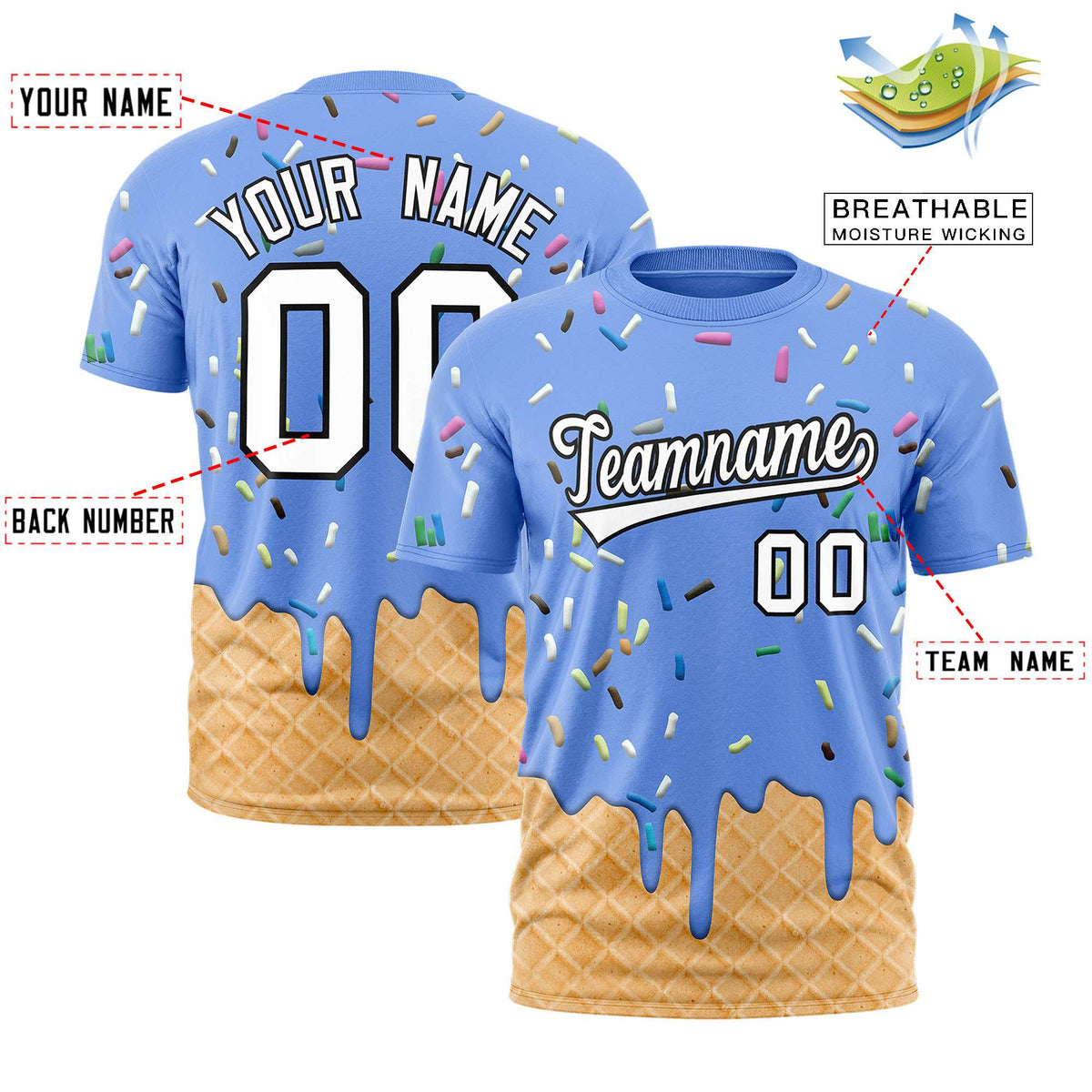 Custom Light Blue Ice Cream Cone Graffiti Pattern Fashion Authentic T-Shirt