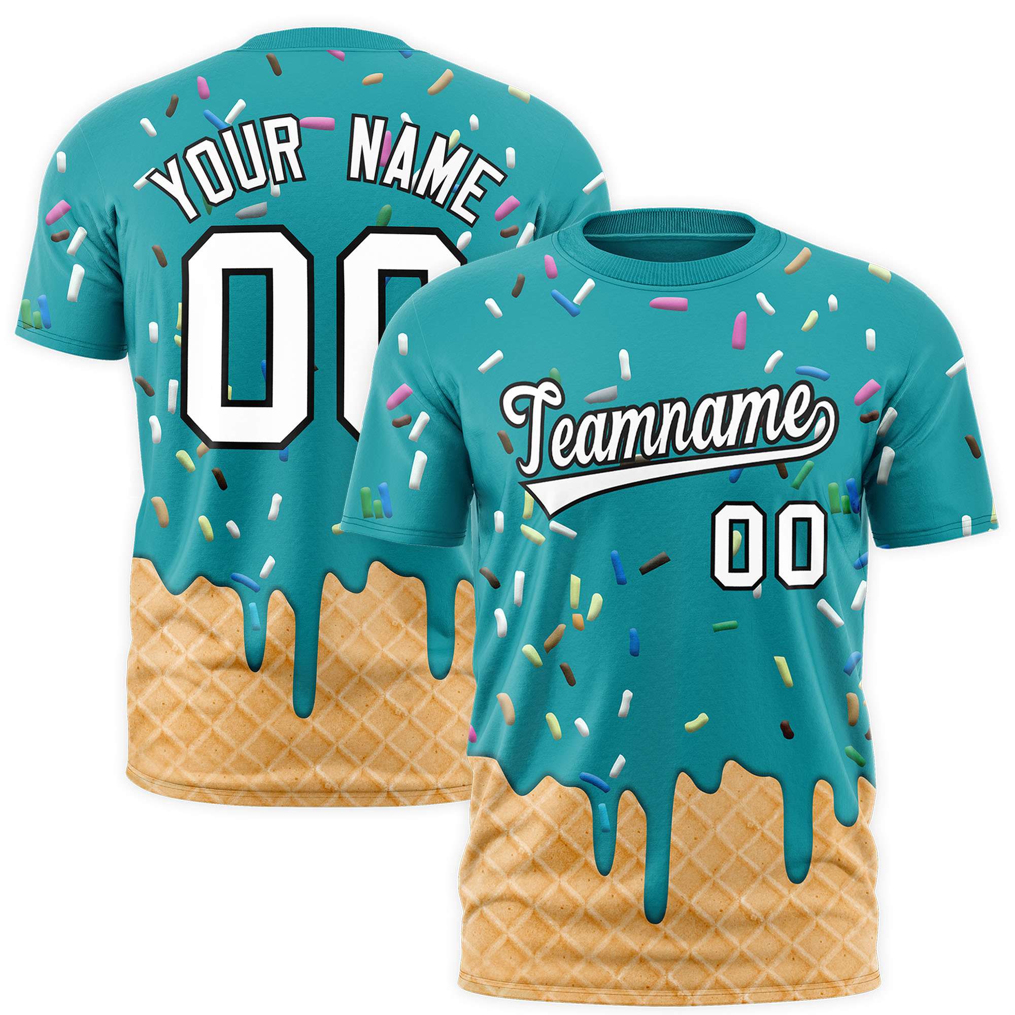 Custom Aqua Ice Cream Cone Graffiti Pattern Fashion Authentic T-Shirt