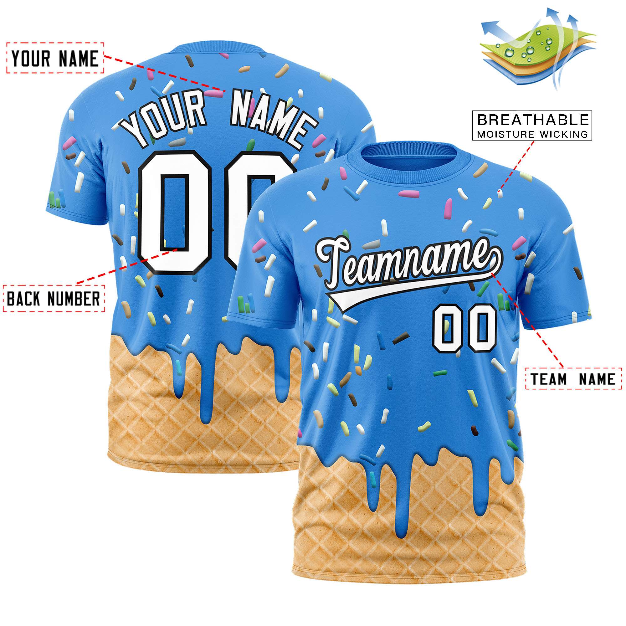 Custom Light Blue Ice Cream Cone Graffiti Pattern Fashion Authentic T-Shirt