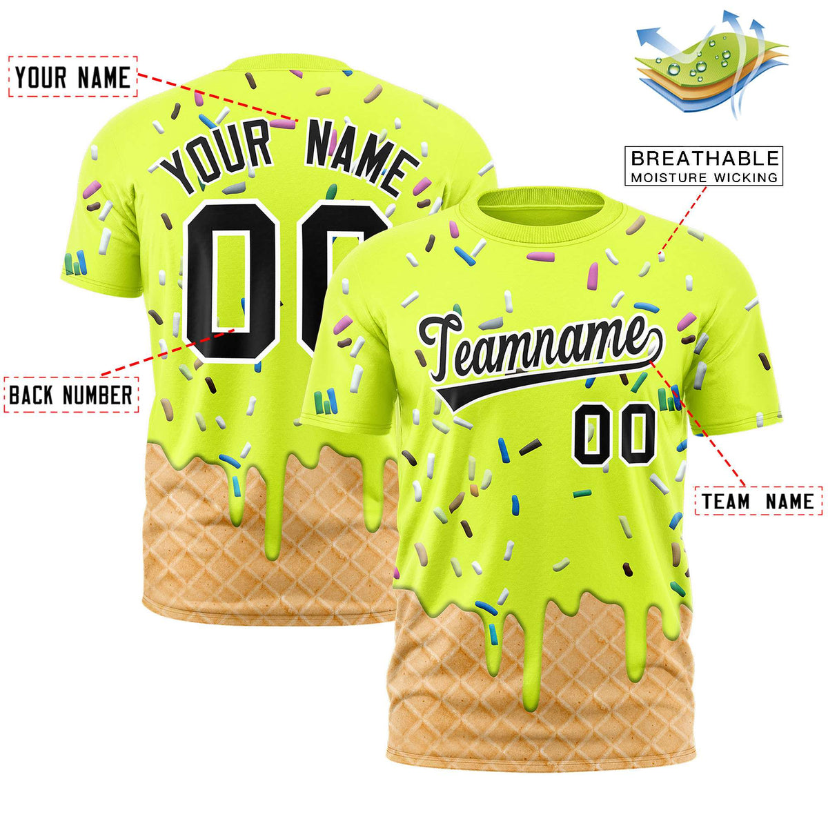 Custom Fluorescent Green Ice Cream Cone Graffiti Pattern Fashion Authentic T-Shirt