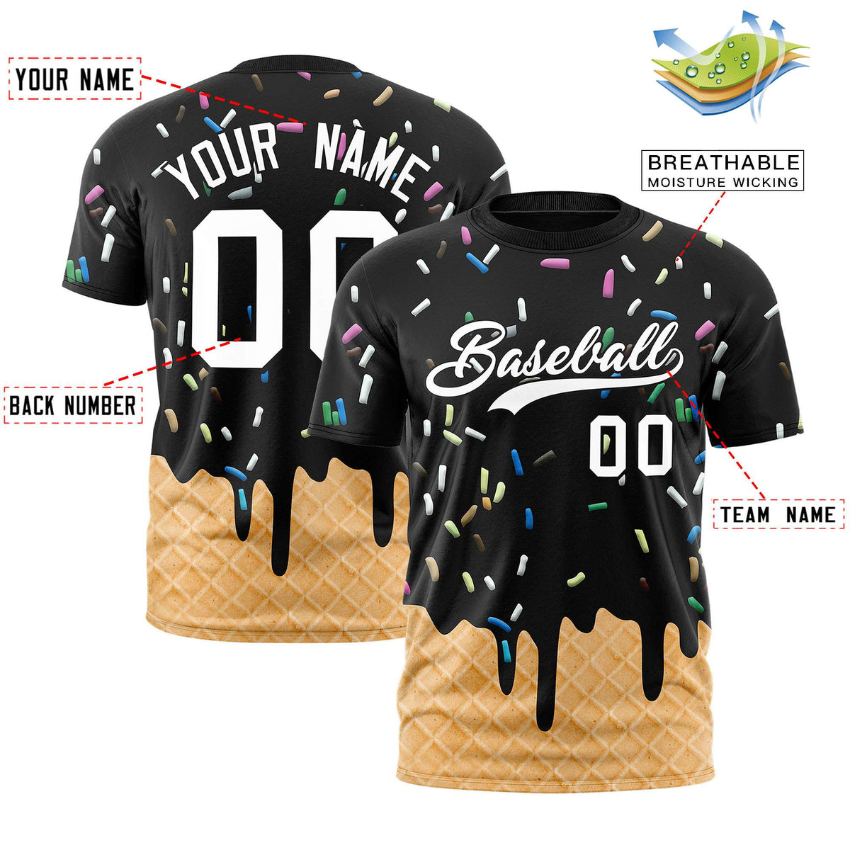 Custom Black Ice Cream Cone Graffiti Pattern Fashion Authentic T-Shirt