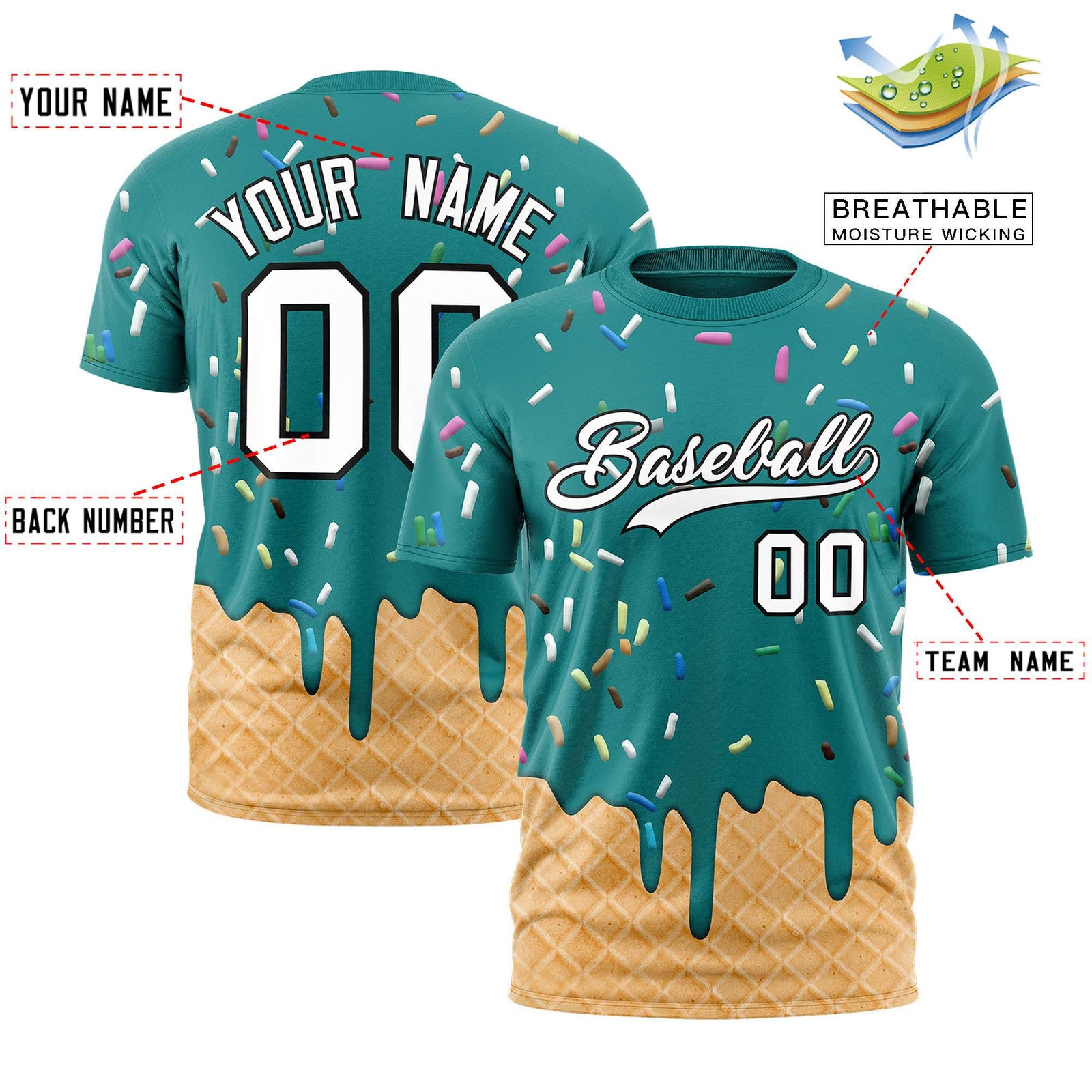 Custom Teal Ice Cream Cone Graffiti Pattern Fashion Authentic T-Shirt