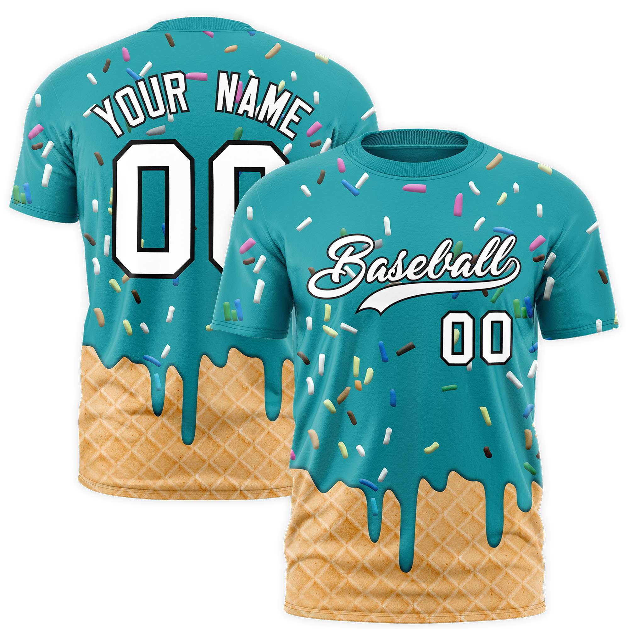 Custom Aqua Ice Cream Cone Graffiti Pattern Fashion Authentic T-Shirt