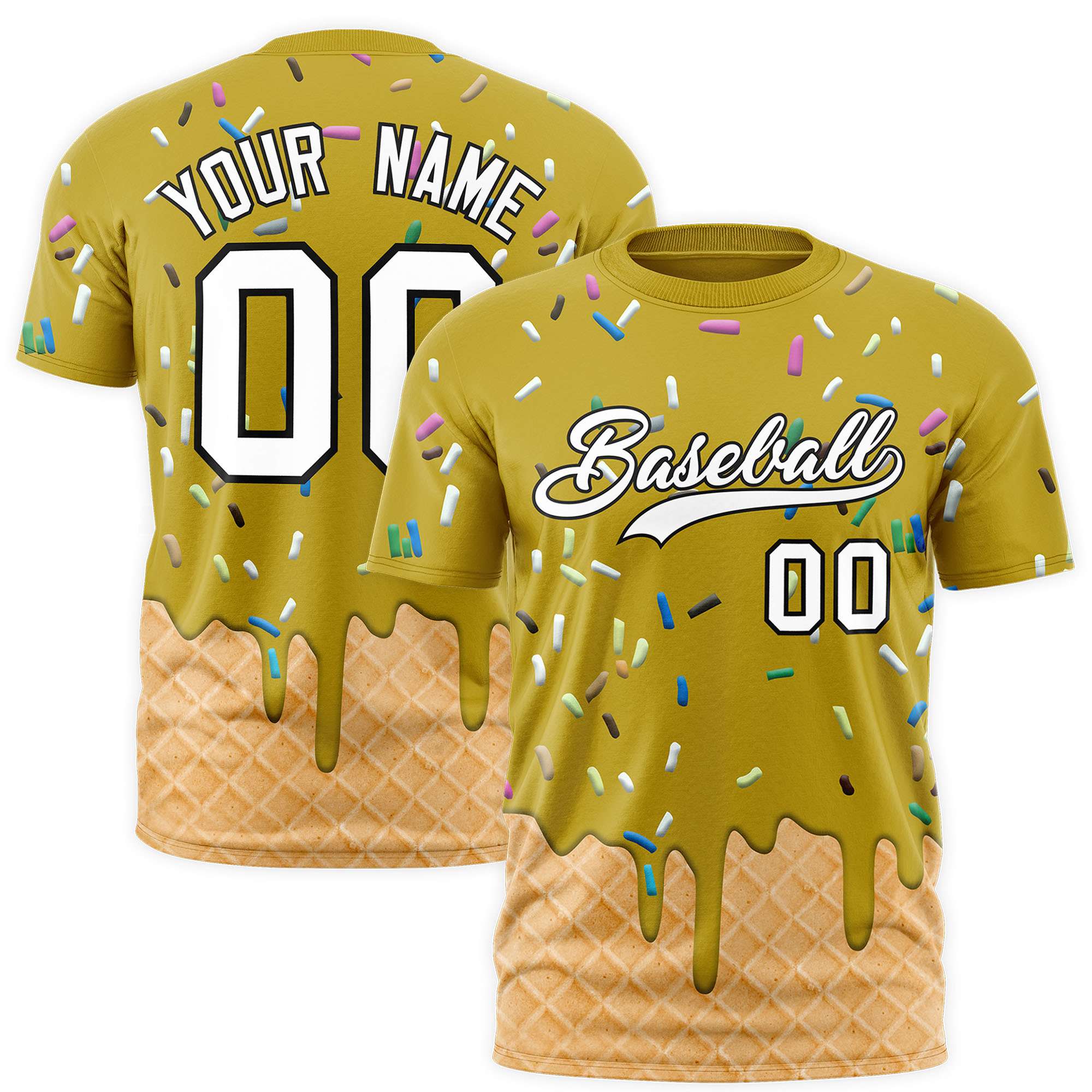 Custom Old Gold Ice Cream Cone Graffiti Pattern Fashion Authentic T-Shirt
