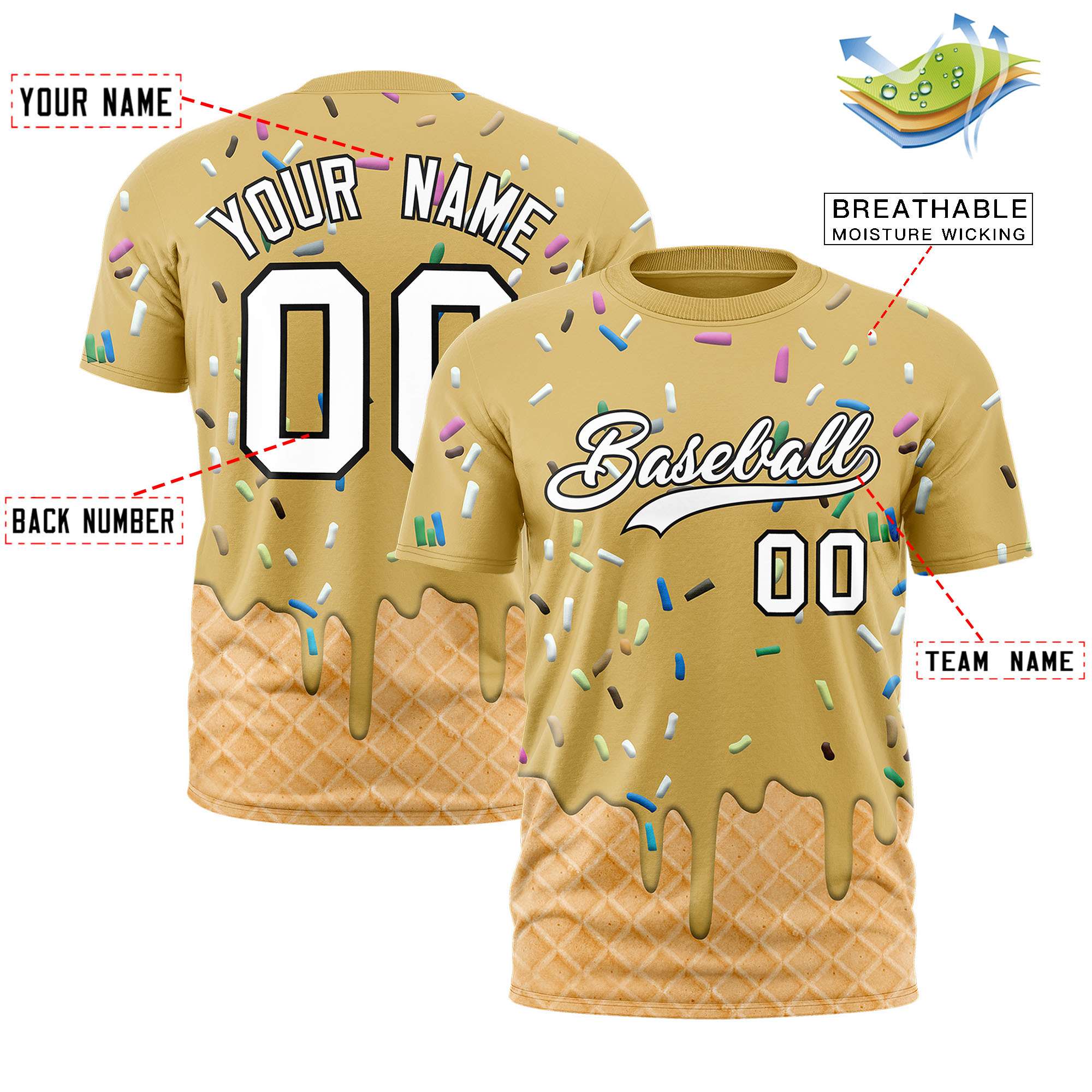 Custom Old Gold Ice Cream Cone Graffiti Pattern Fashion Authentic T-Shirt