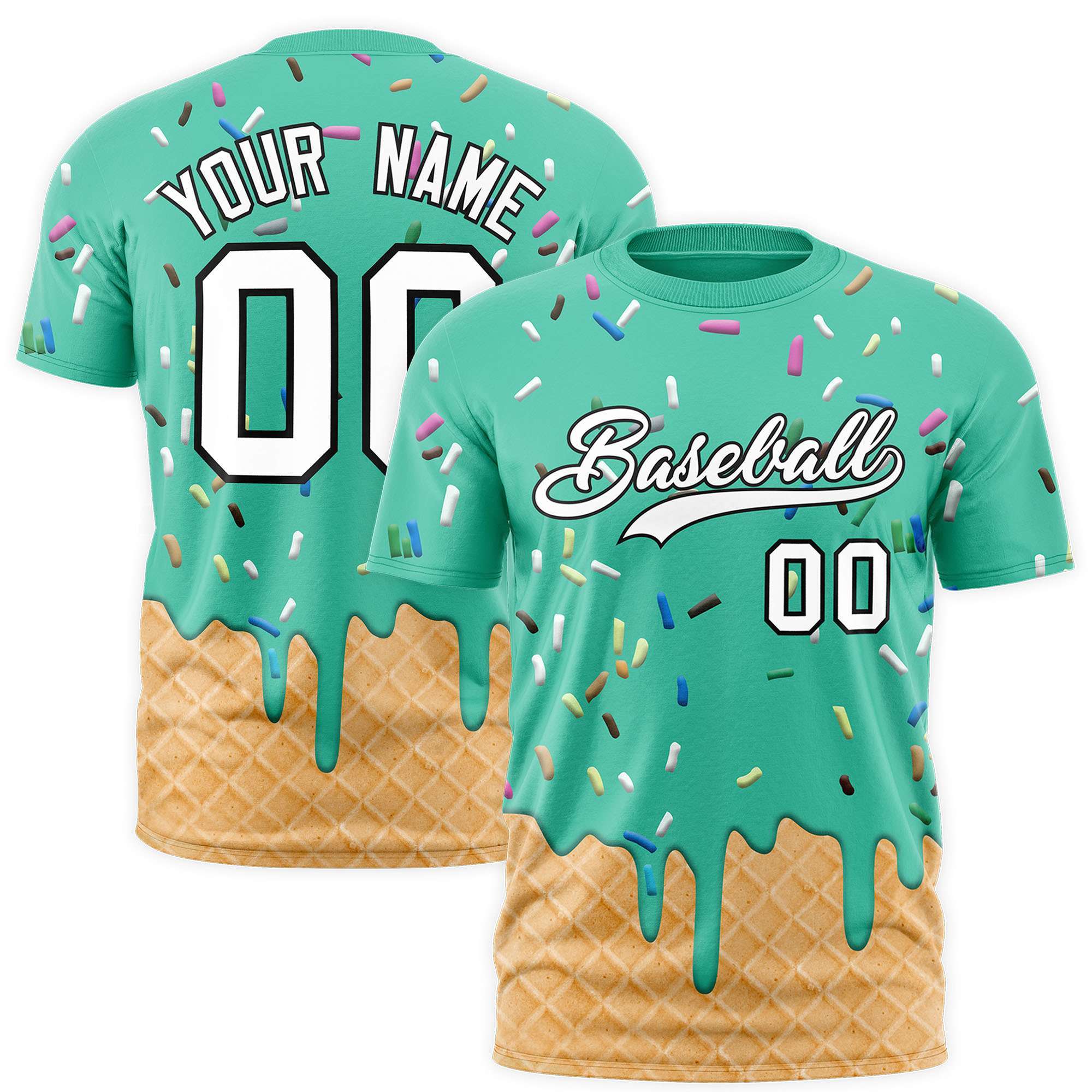 Custom Bright Green Ice Cream Cone Graffiti Pattern Fashion Authentic T-Shirt