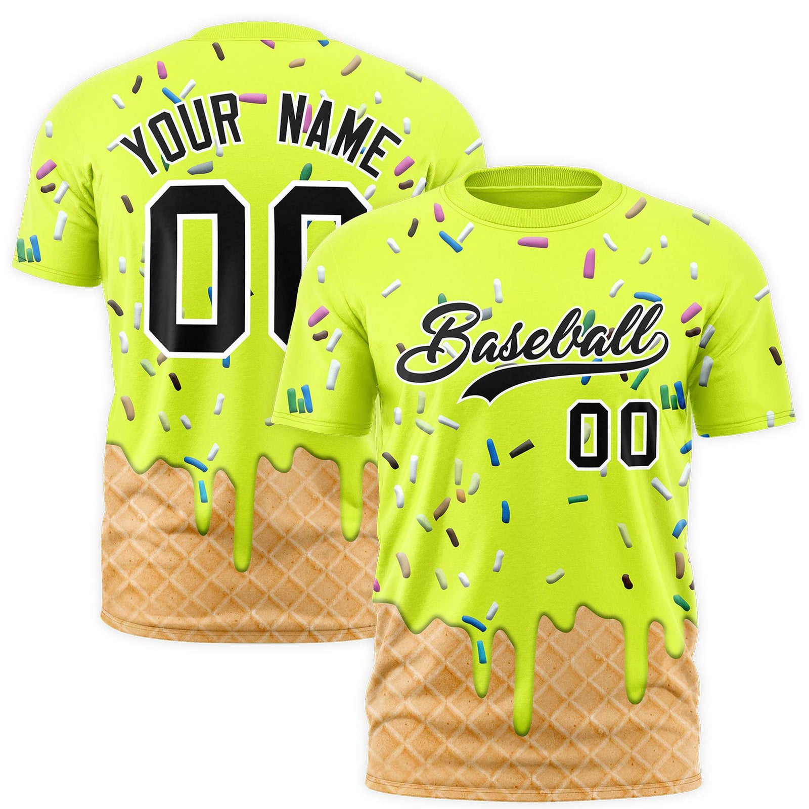 Custom Fluorescent Green Ice Cream Cone Graffiti Pattern Fashion Authentic T-Shirt