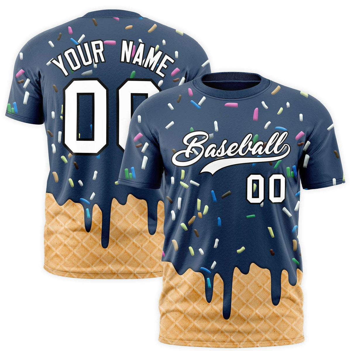 Custom Midnight Blue Ice Cream Cone Graffiti Pattern Fashion Authentic T-Shirt