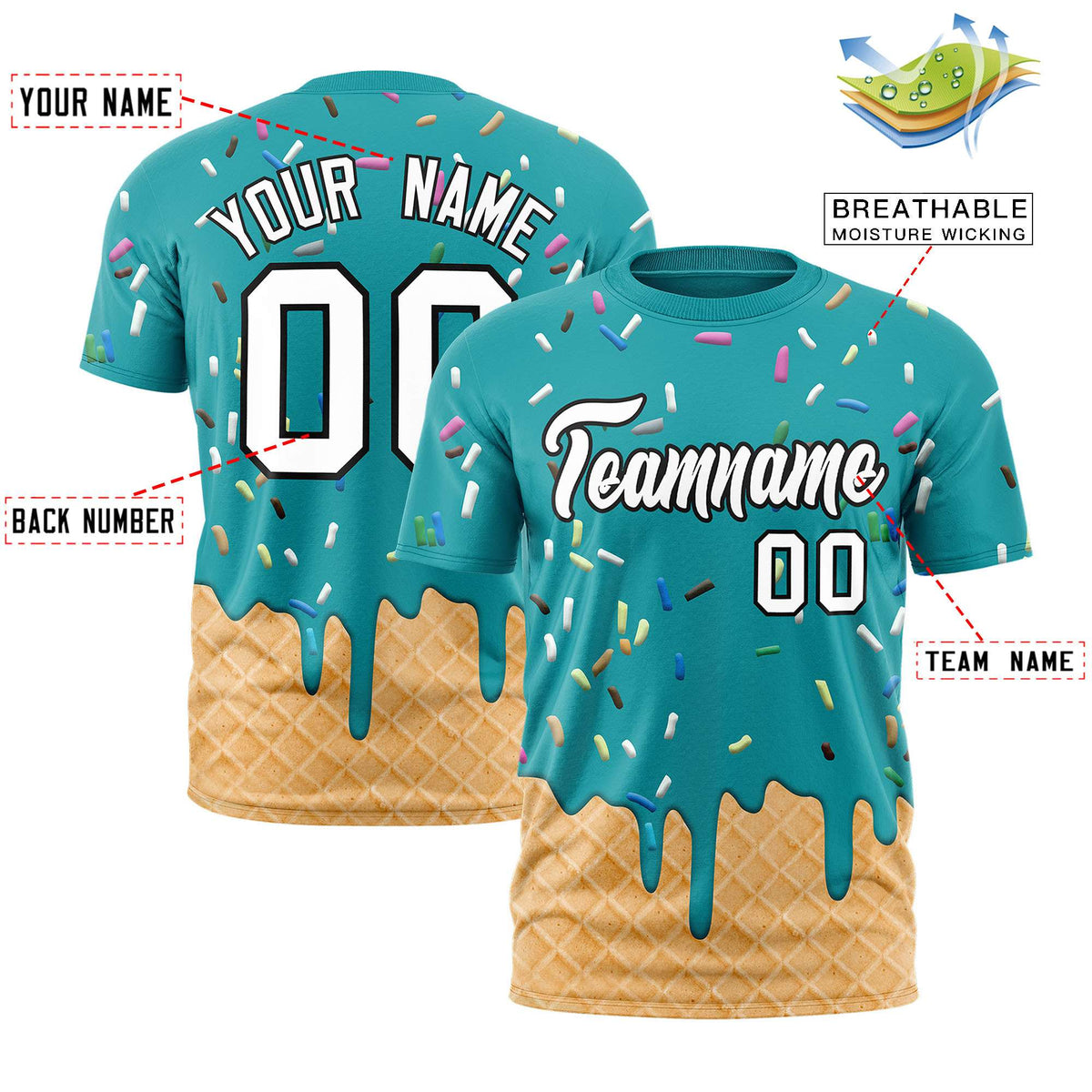 Custom Aqua Ice Cream Cone Graffiti Pattern Fashion Authentic T-Shirt