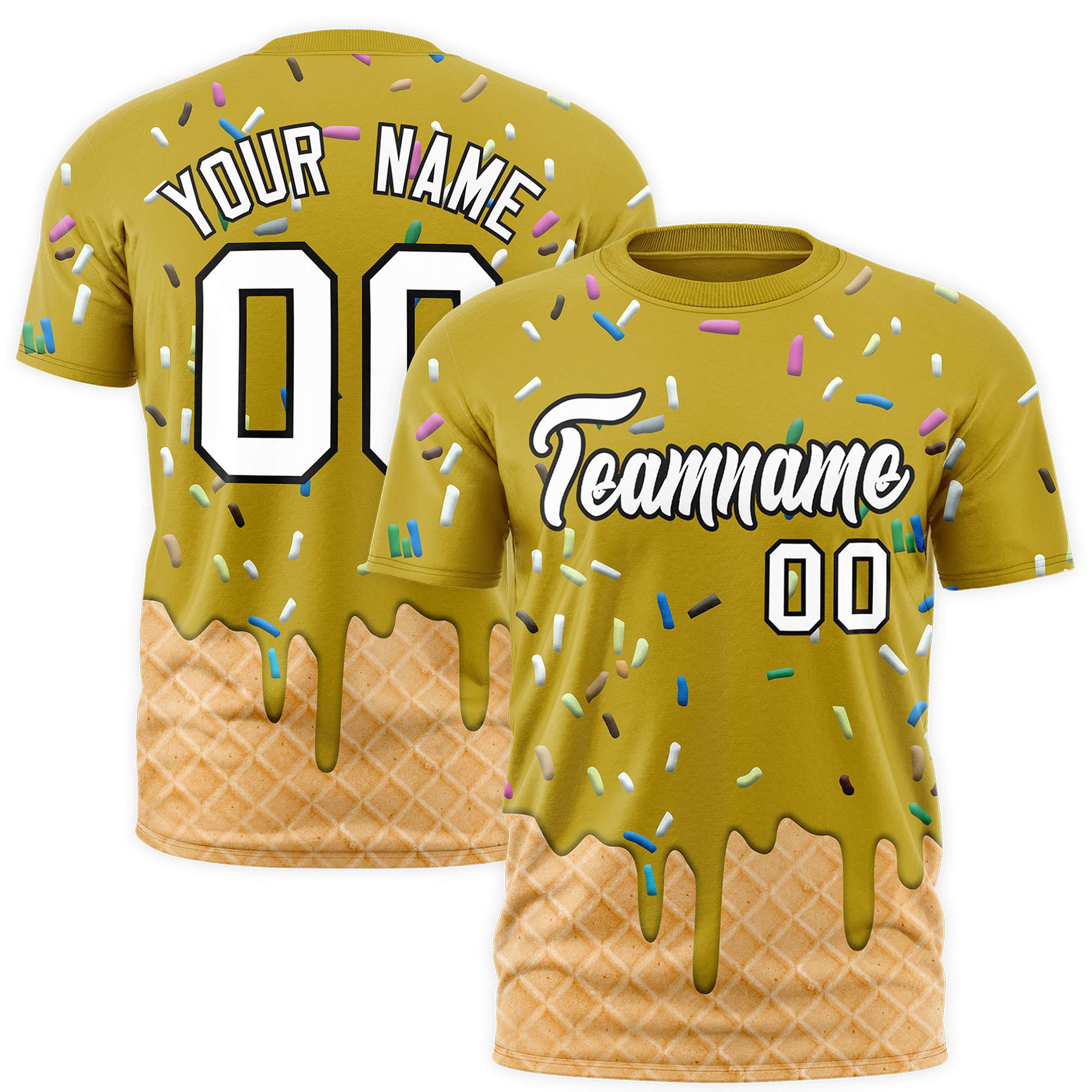 Custom Old Gold Ice Cream Cone Graffiti Pattern Fashion Authentic T-Shirt