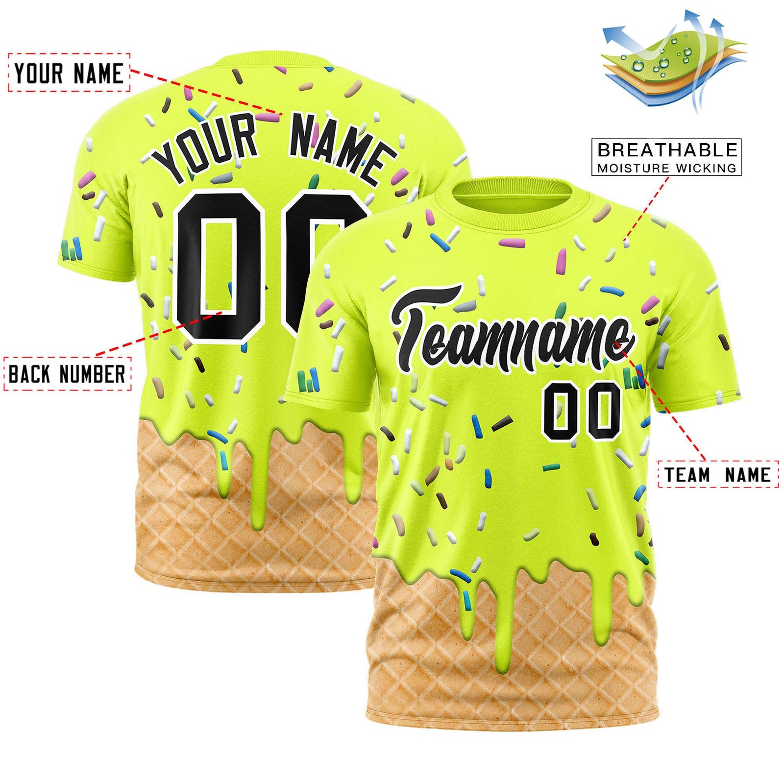 Custom Fluorescent Green Ice Cream Cone Graffiti Pattern Fashion Authentic T-Shirt