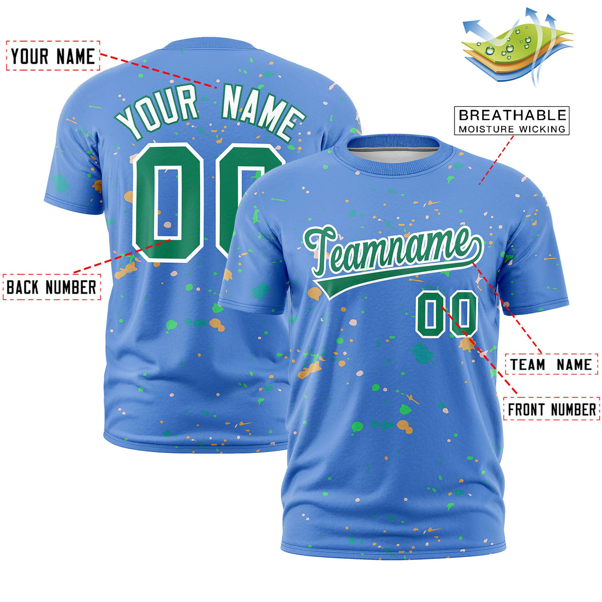 Custom Light Blue Kelly Green White Spray Painting Graffiti Pattern Personalization T-shirt| KXKSHOP