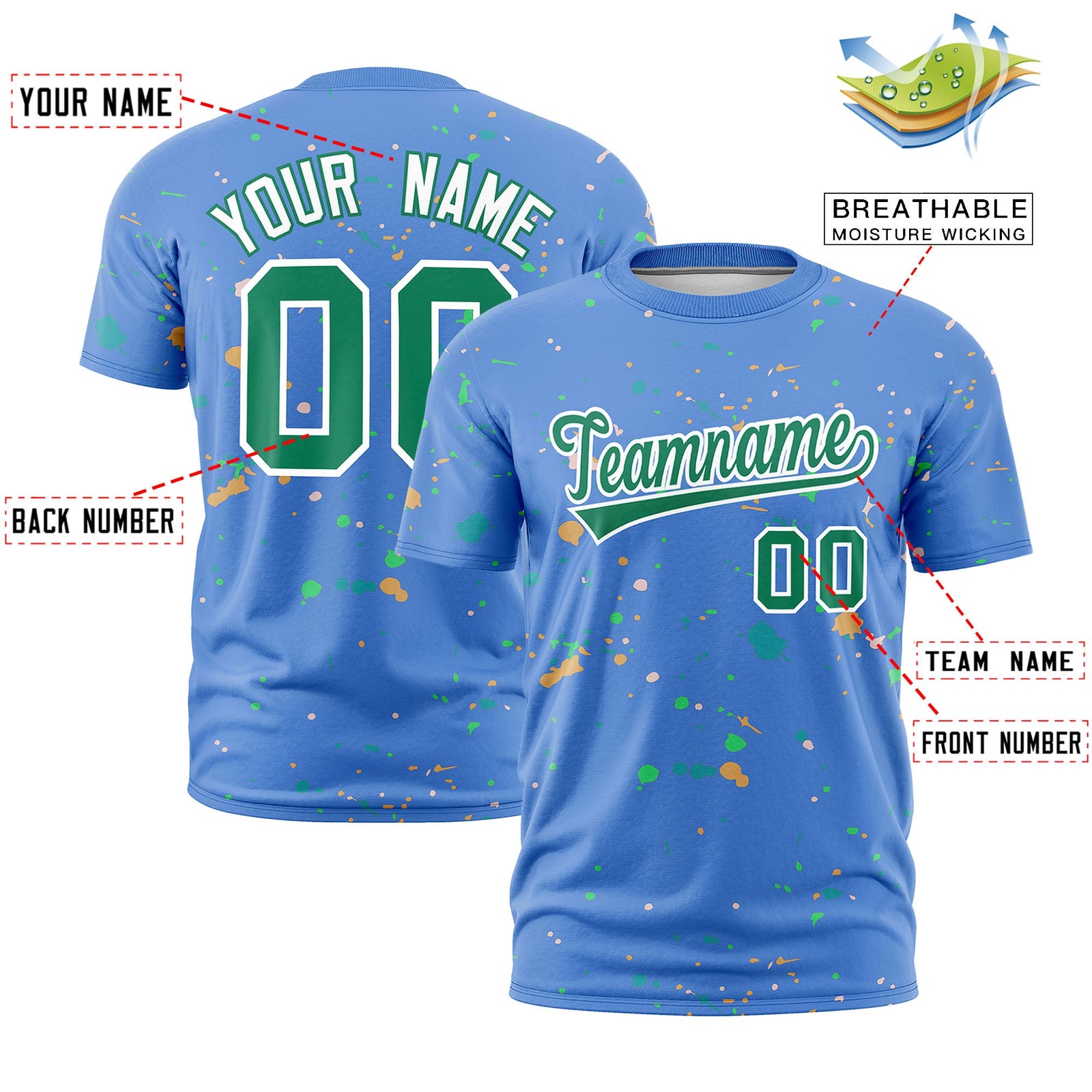 Custom Light Blue Kelly Green White Spray Painting Graffiti Pattern Personalization T-shirt| KXKSHOP