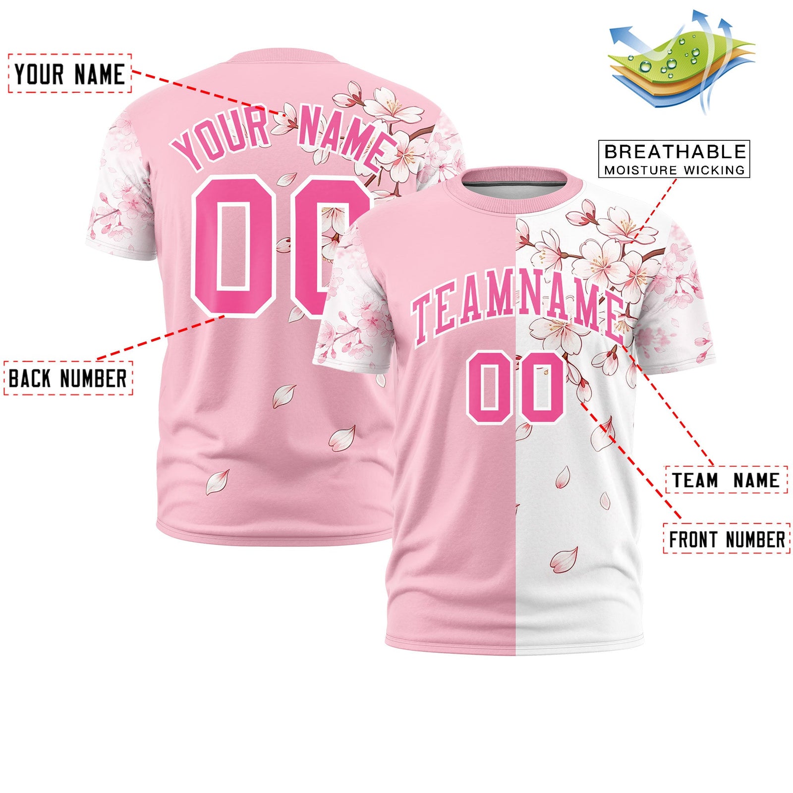 Custom Light Pink White Pink Cherry Blossoms Personalization Moisture-Wicking T-shirt| KXKSHOP