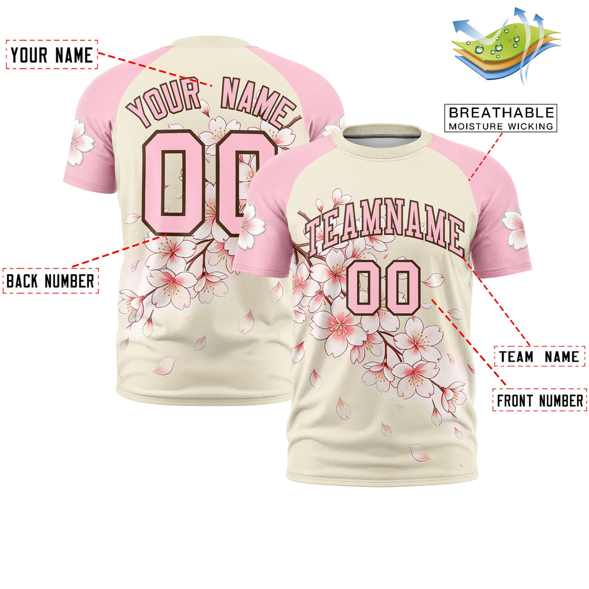 Custom Light Khaki Light Pink Light Brown Cherry Blossoms Personalization Moisture-Wicking T-shirt| KXKSHOP