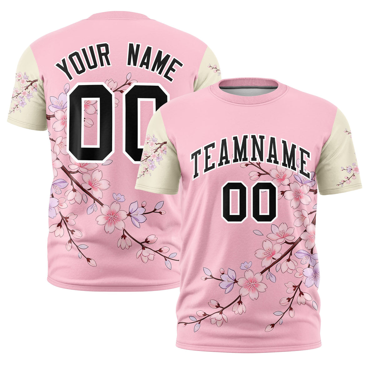 Custom Light Pink Light Khaki Black Cherry Blossoms Personalization Stretch Fabric T-shirt| KXKSHOP