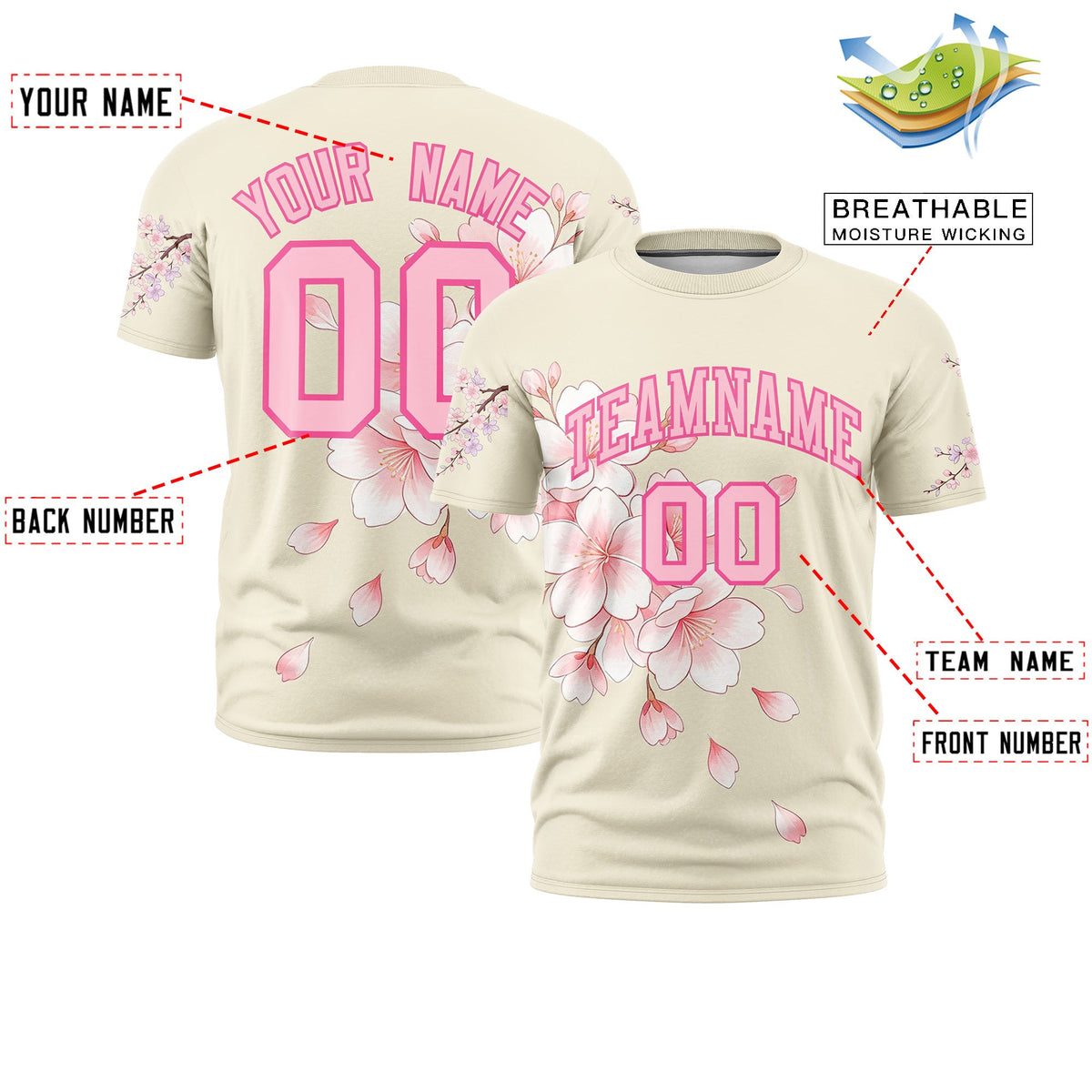 Custom Light Khaki Light Pink Pink Cherry Blossoms Personalization Moisture-Wicking T-shirt| KXKSHOP