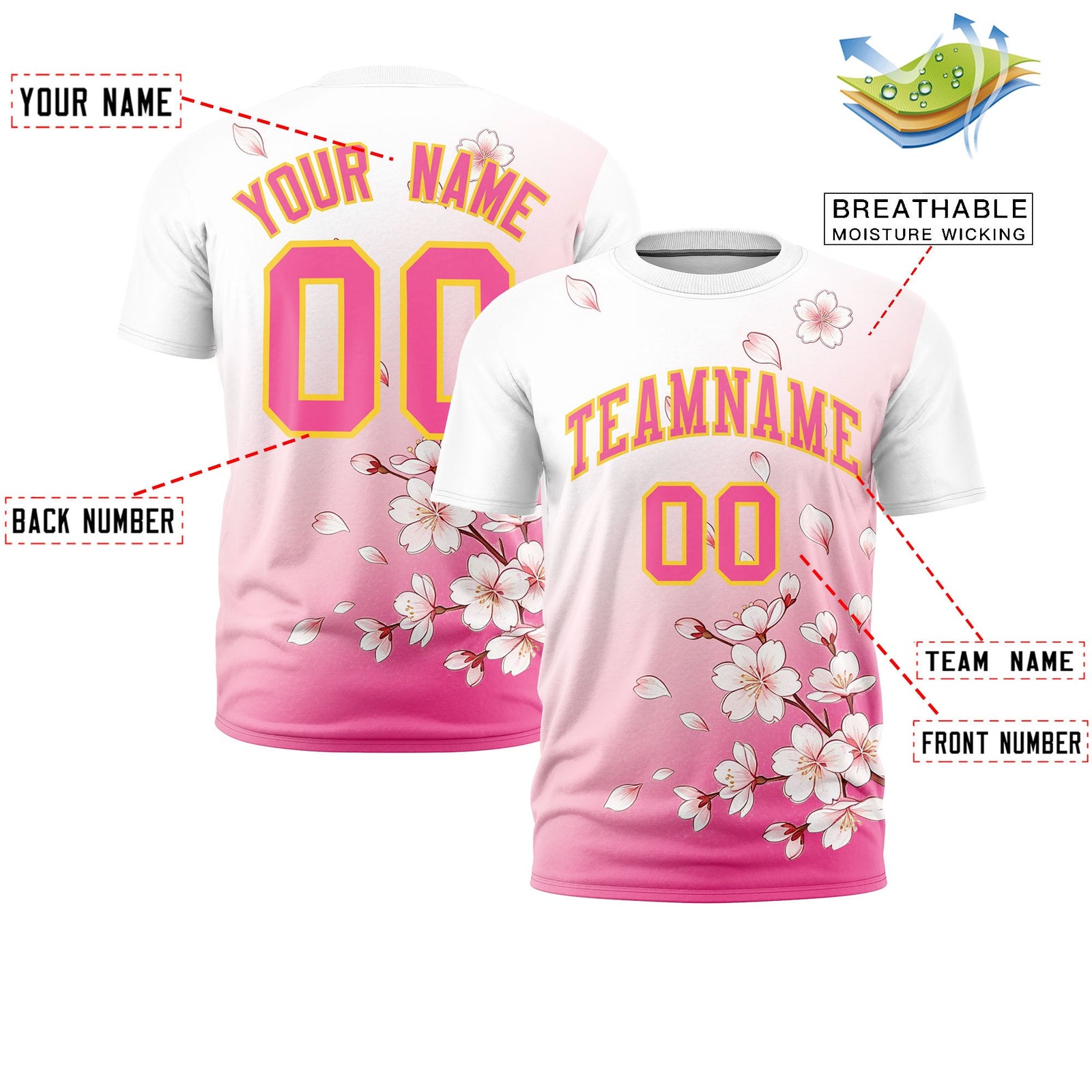 Custom White Pink Gold Cherry Blossoms Personalization Stretch Fabric T-shirt| KXKSHOP