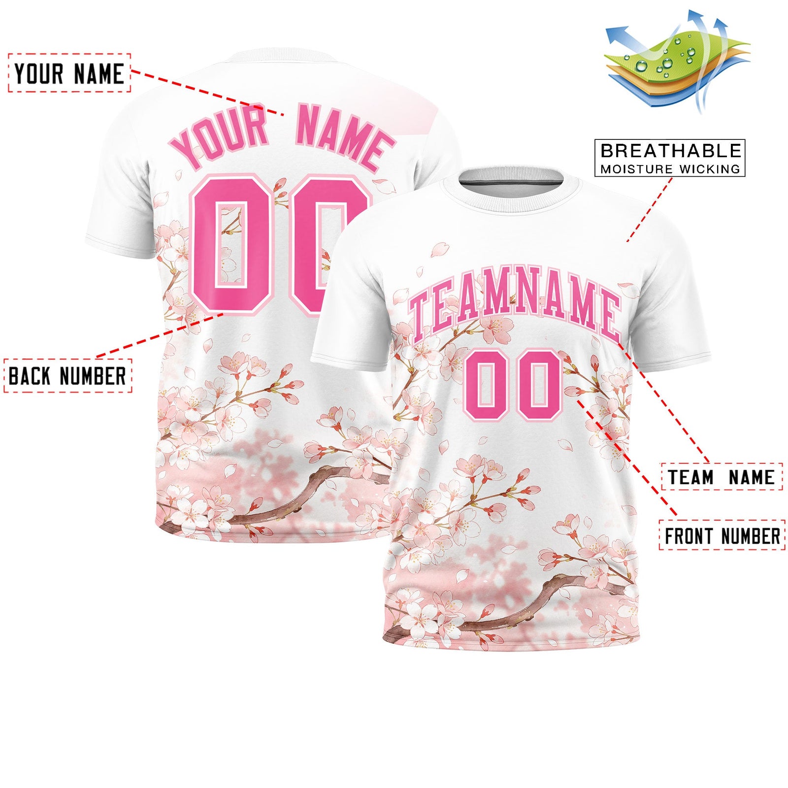 Custom White Pink Light Pink Cherry Blossoms Personalization Moisture-Wicking T-shirt| KXKSHOP