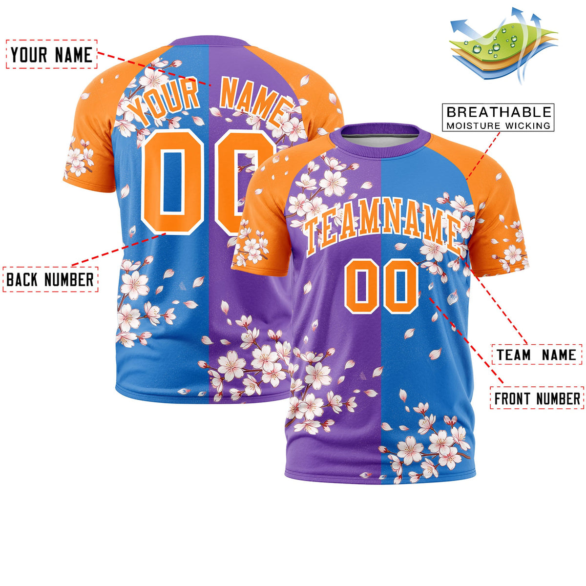 Custom Light Blue Orange White Cherry Blossoms Personalization Stretch Fabric T-shirt| KXKSHOP