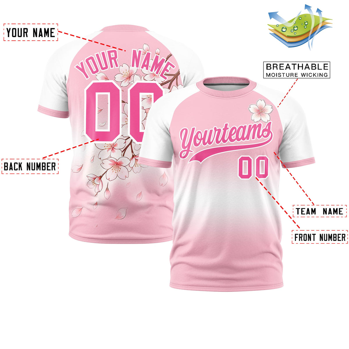 Custom Light Pink White Pink Cherry Blossoms Personalization Stretch Fabric T-shirt| KXKSHOP