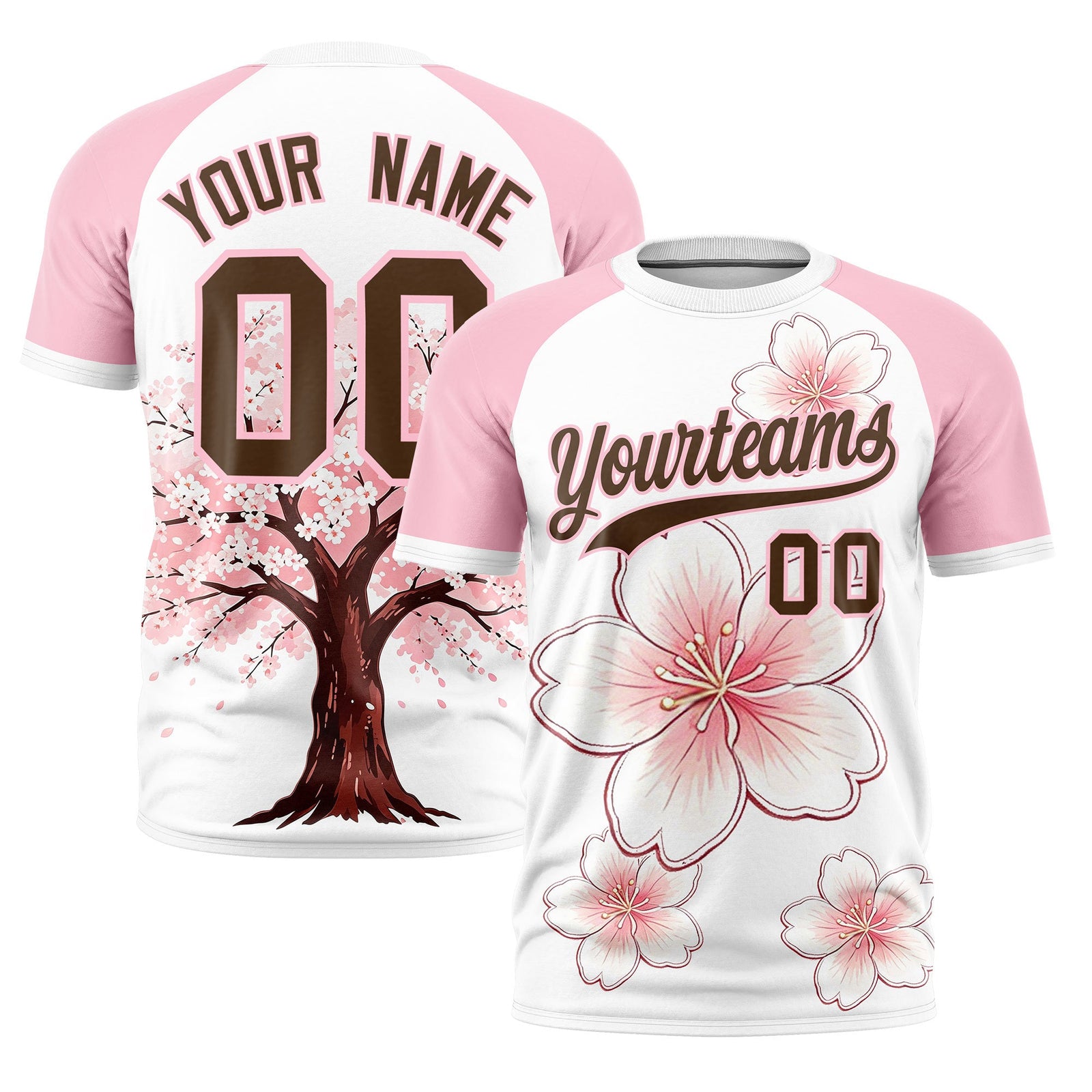 Custom White Light Pink Light Brown Cherry Blossoms Personalization Stretch Fabric T-shirt| KXKSHOP