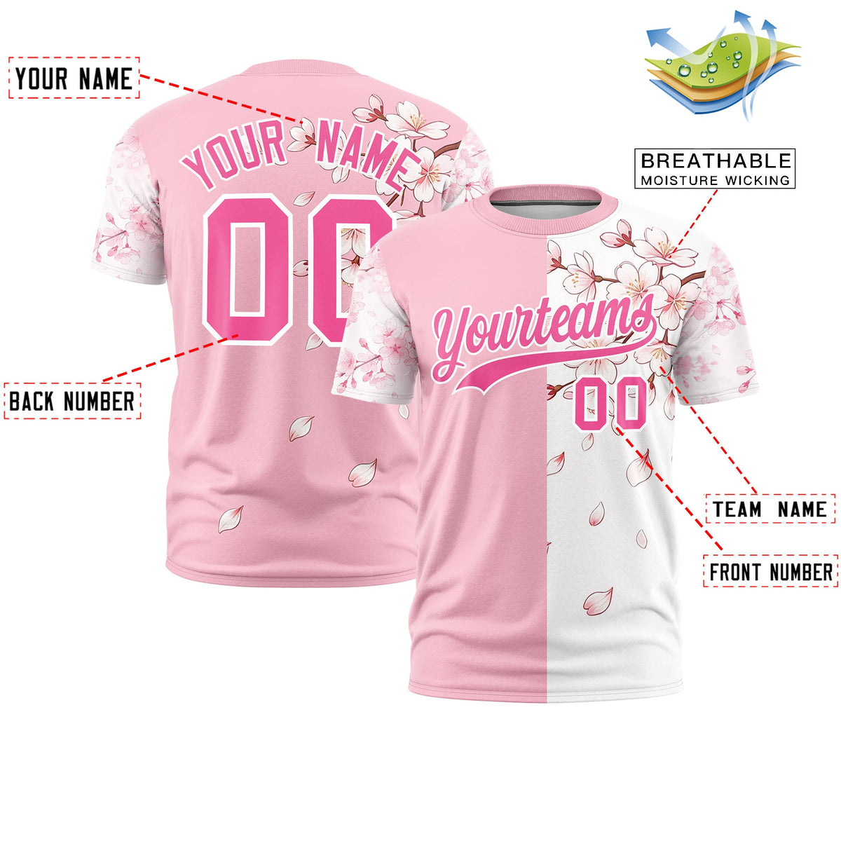 Custom Light Pink White Pink Cherry Blossoms Personalization Moisture-Wicking T-shirt| KXKSHOP
