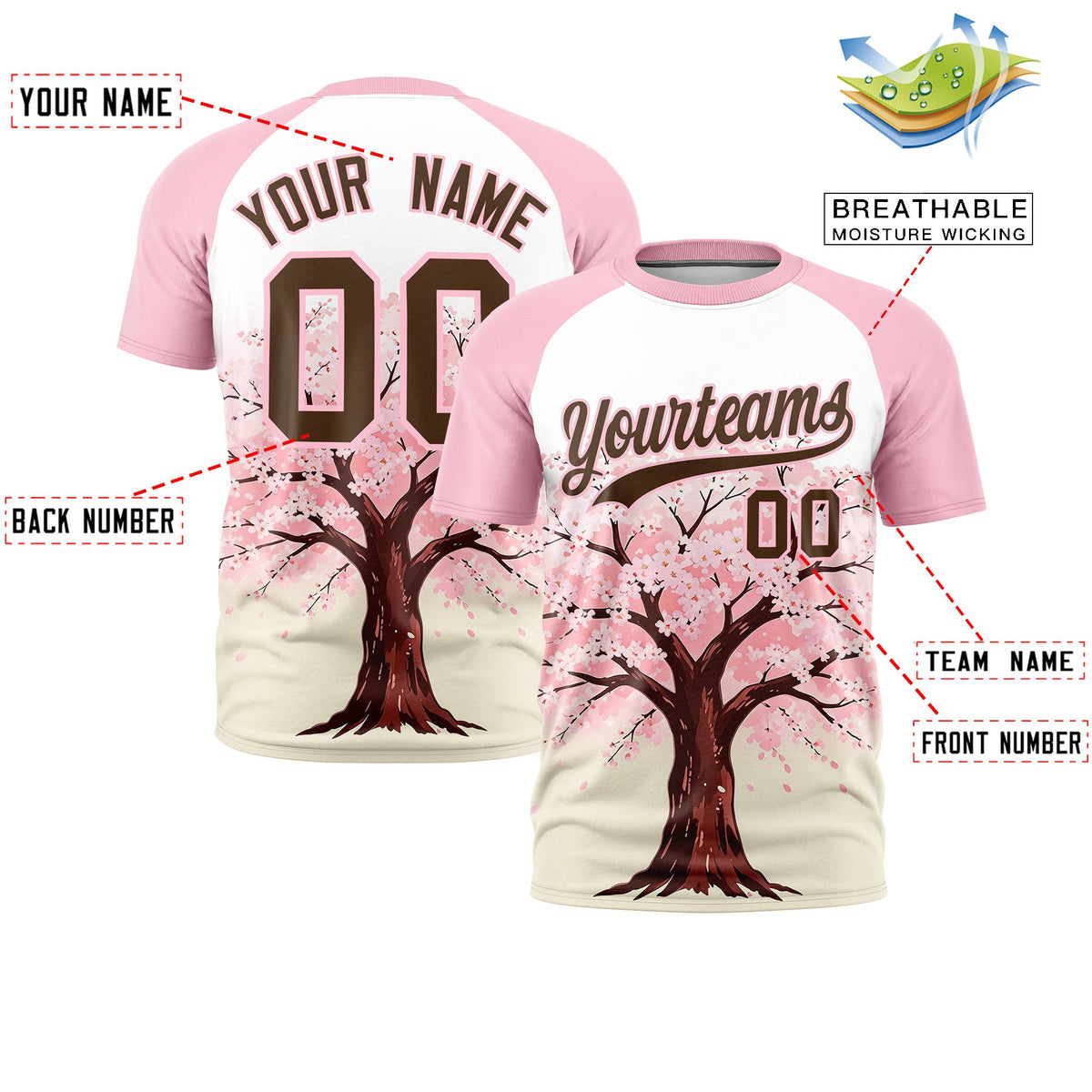 Custom White Light Pink Light Khaki Cherry Blossoms Personalization Stretch Fabric T-shirt| KXKSHOP