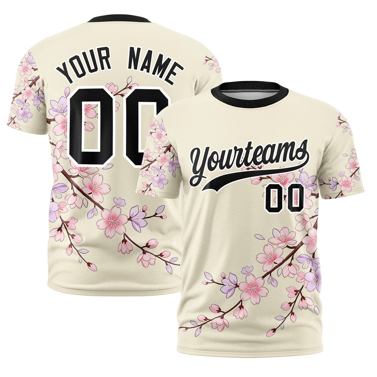 Custom Light Khaki Light Pink Black Cherry Blossoms Personalization Stretch Fabric T-shirt| KXKSHOP
