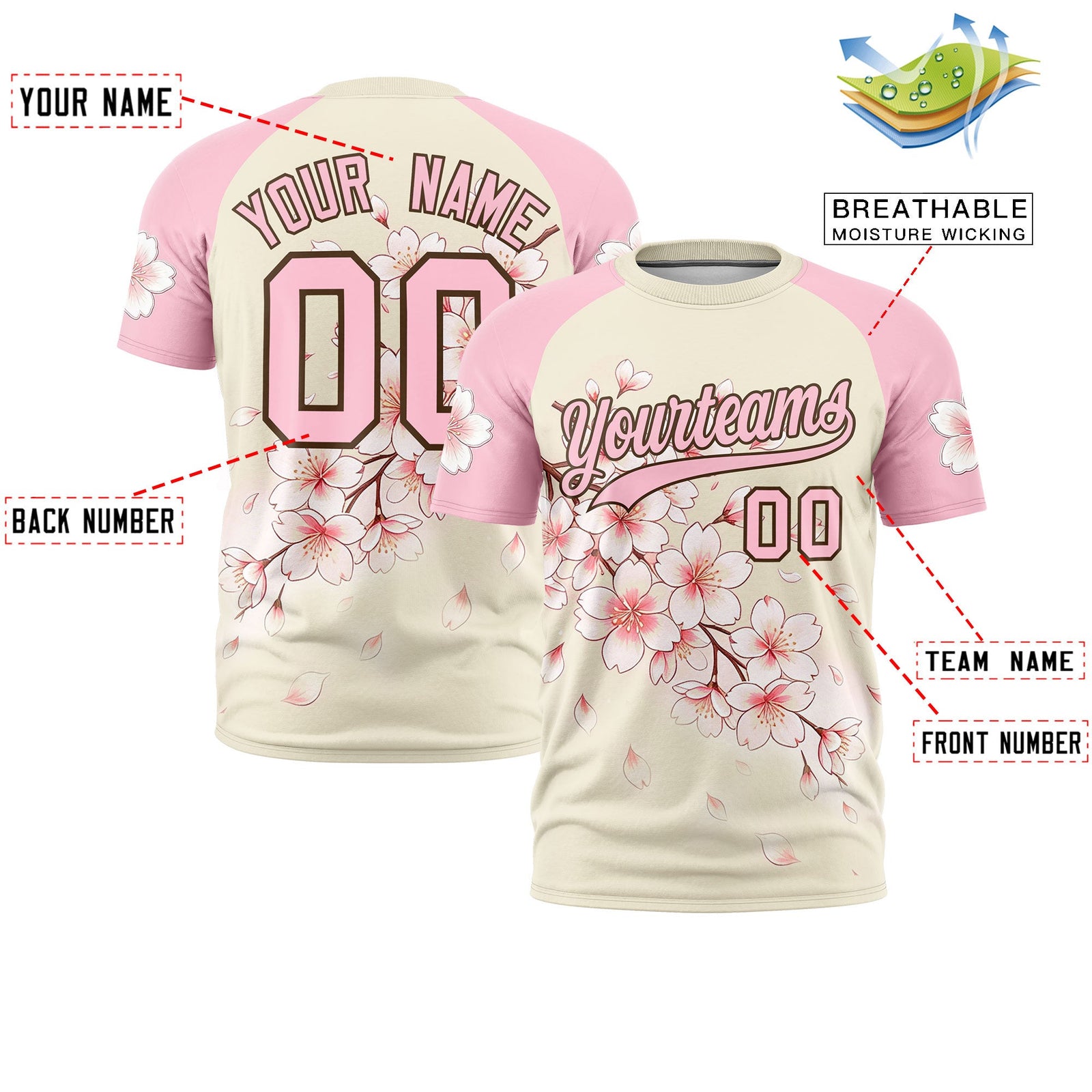 Custom Light Khaki Light Pink Light Brown Cherry Blossoms Personalization Moisture-Wicking T-shirt| KXKSHOP