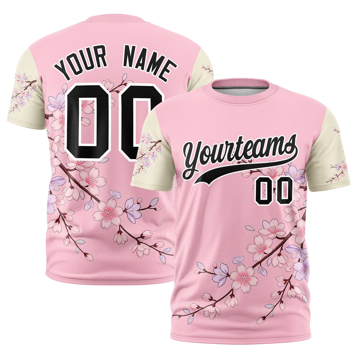 Custom Light Pink Light Khaki Black Cherry Blossoms Personalization Stretch Fabric T-shirt| KXKSHOP