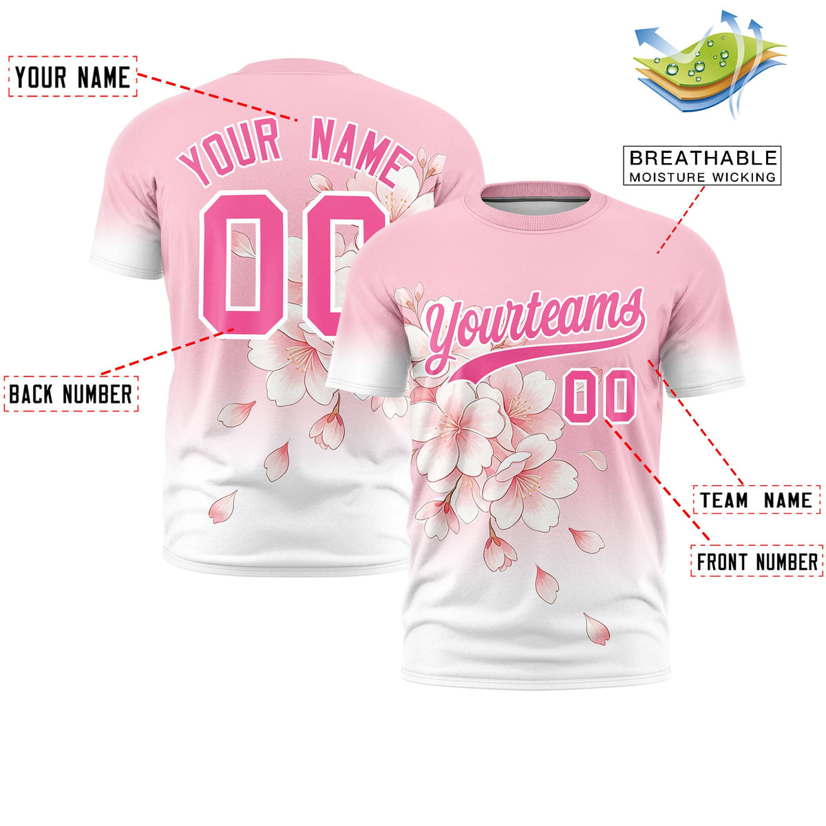 Custom Light Pink White Pink Cherry Blossoms Personalization Stretch Fabric T-shirt| KXKSHOP