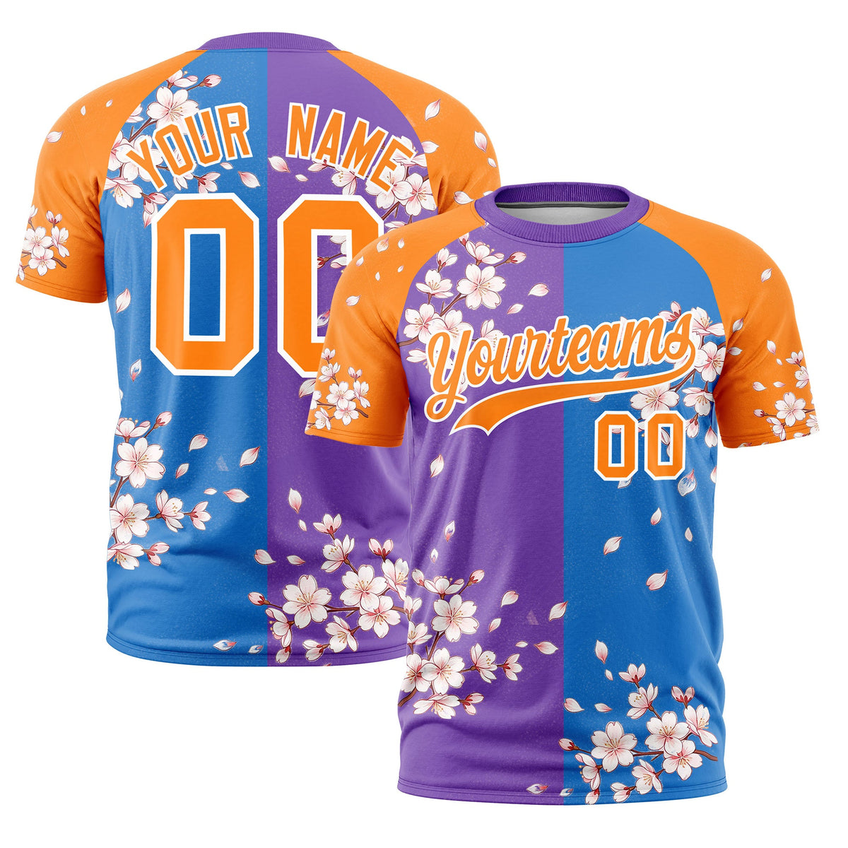 Custom Light Blue Orange White Cherry Blossoms Personalization Stretch Fabric T-shirt| KXKSHOP