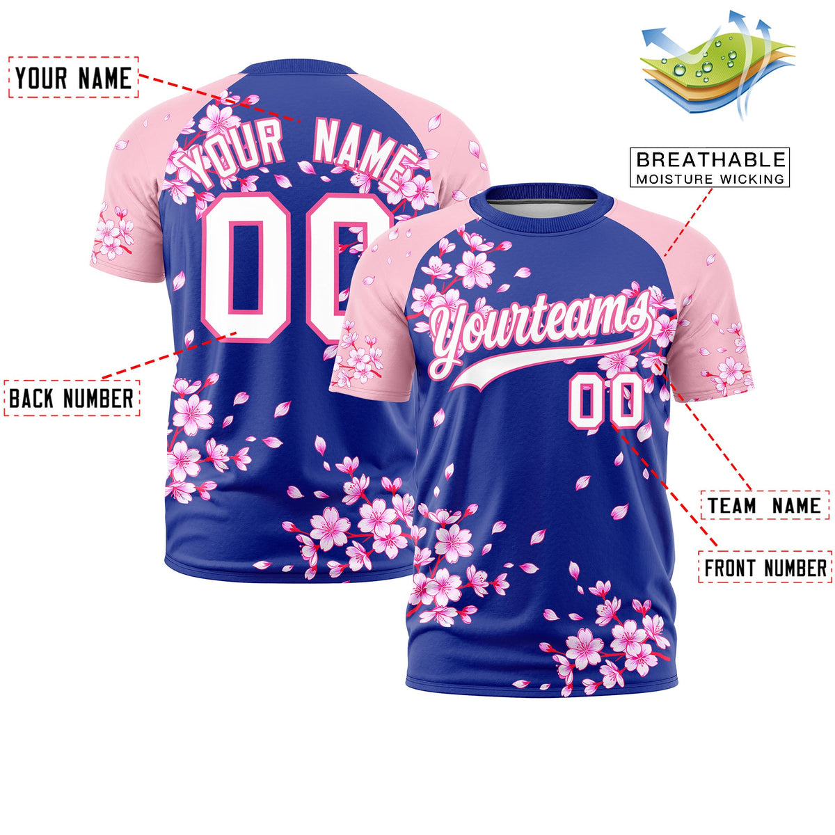 Custom Royal Blue Light Pink White Cherry Blossoms Personalization Moisture-Wicking T-shirt| KXKSHOP
