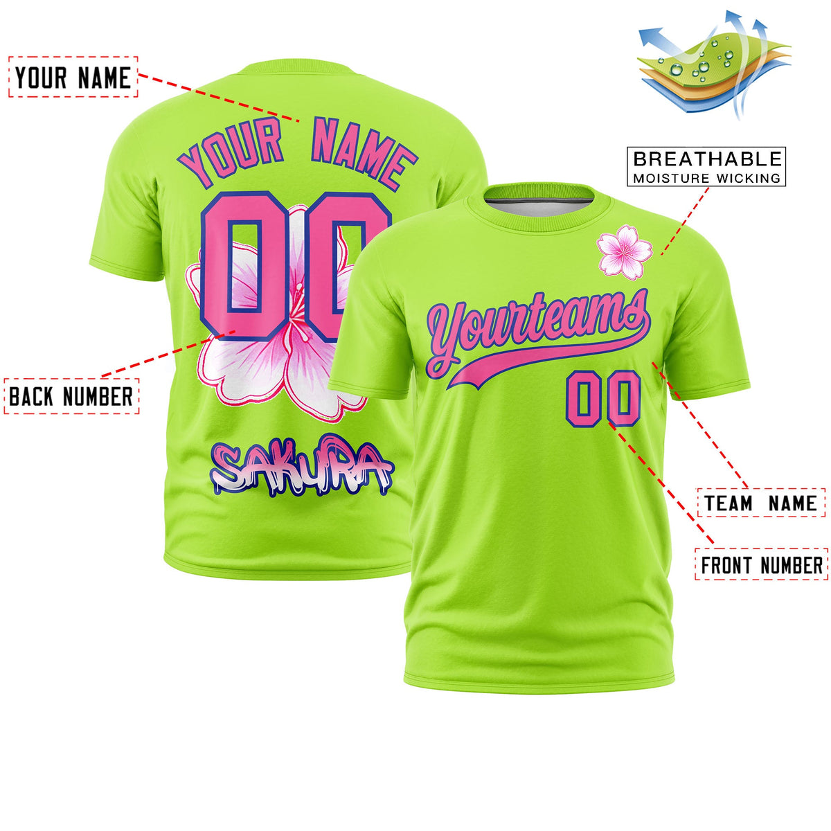 Custom Neon Green Pink Royal Blue Cherry Blossoms Personalization Stretch Fabric T-shirt| KXKSHOP