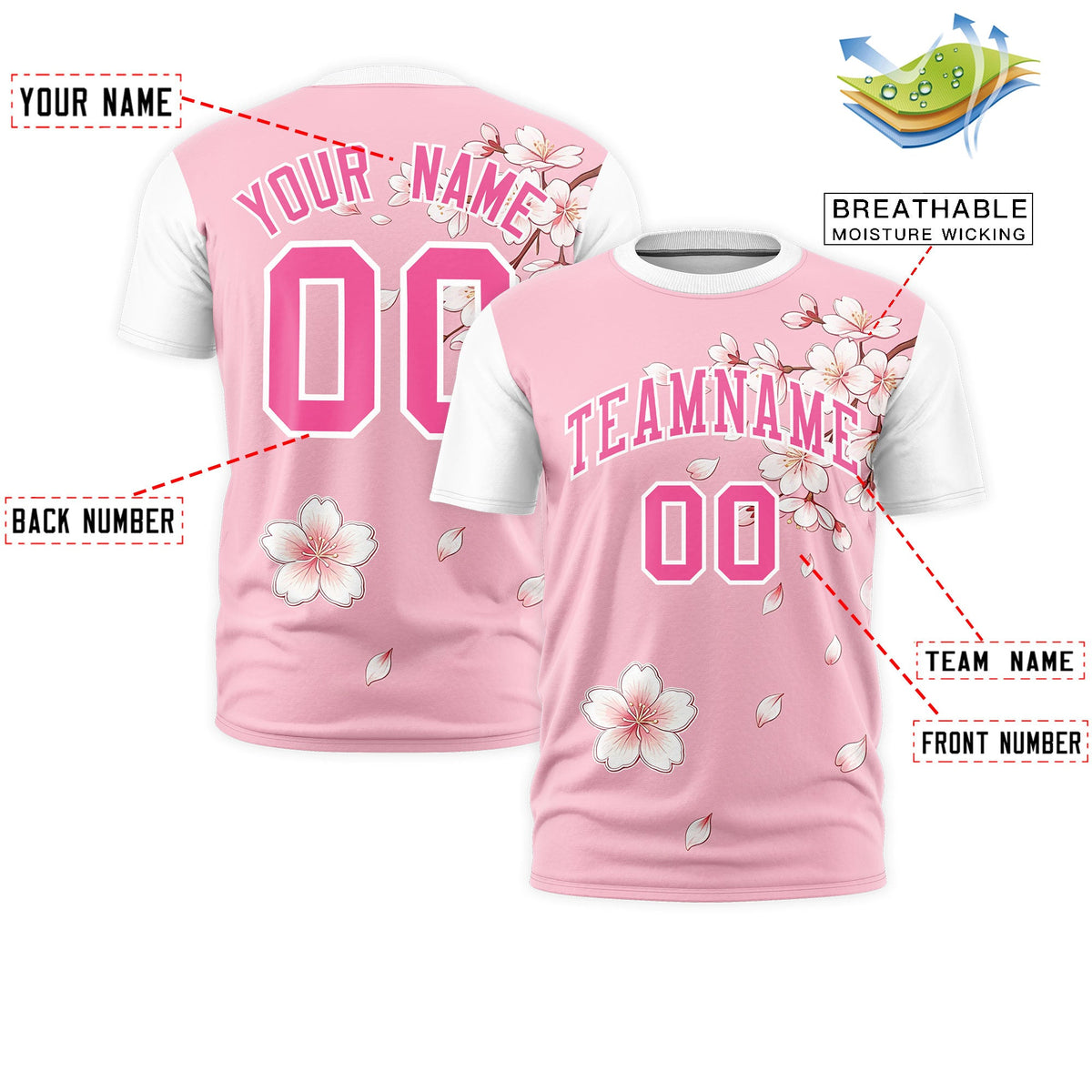 Custom Light Pink White Pink Cherry Blossoms Personalization Moisture-Wicking T-shirt| KXKSHOP