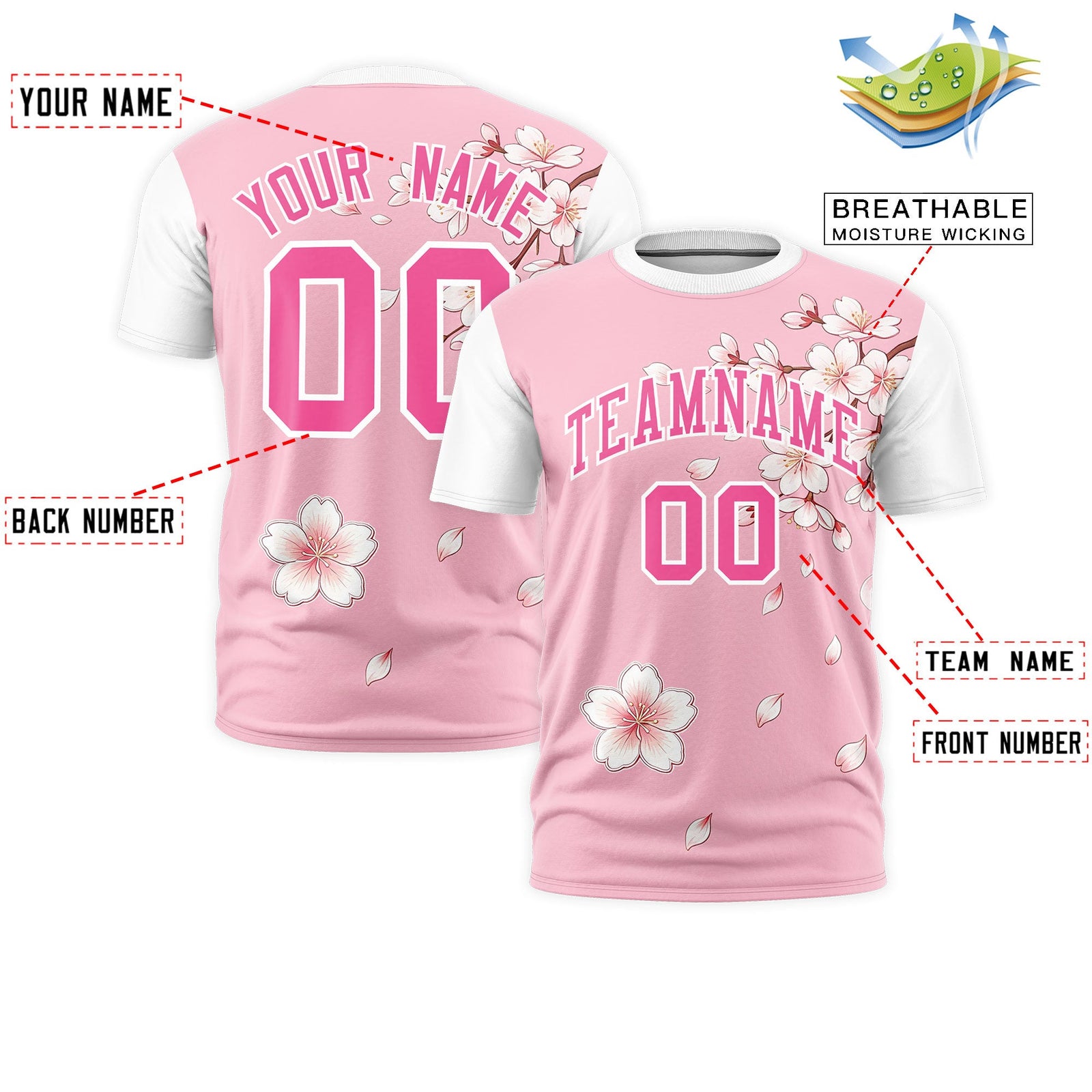 Custom Light Pink White Pink Cherry Blossoms Personalization Moisture-Wicking T-shirt| KXKSHOP
