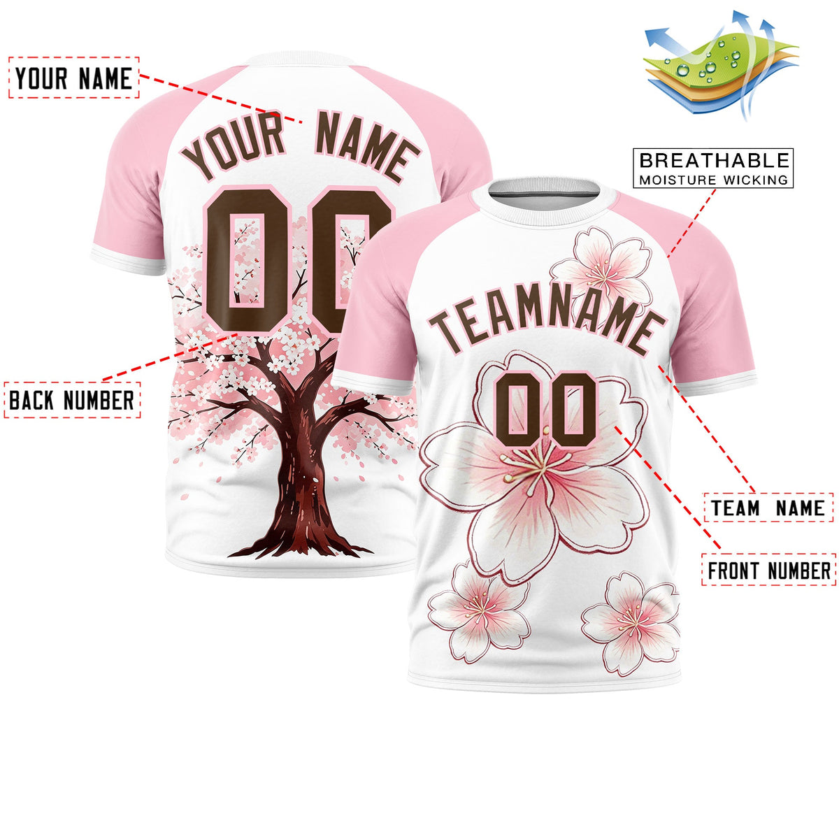 Custom White Light Pink Light Brown Cherry Blossoms Personalization Stretch Fabric T-shirt| KXKSHOP