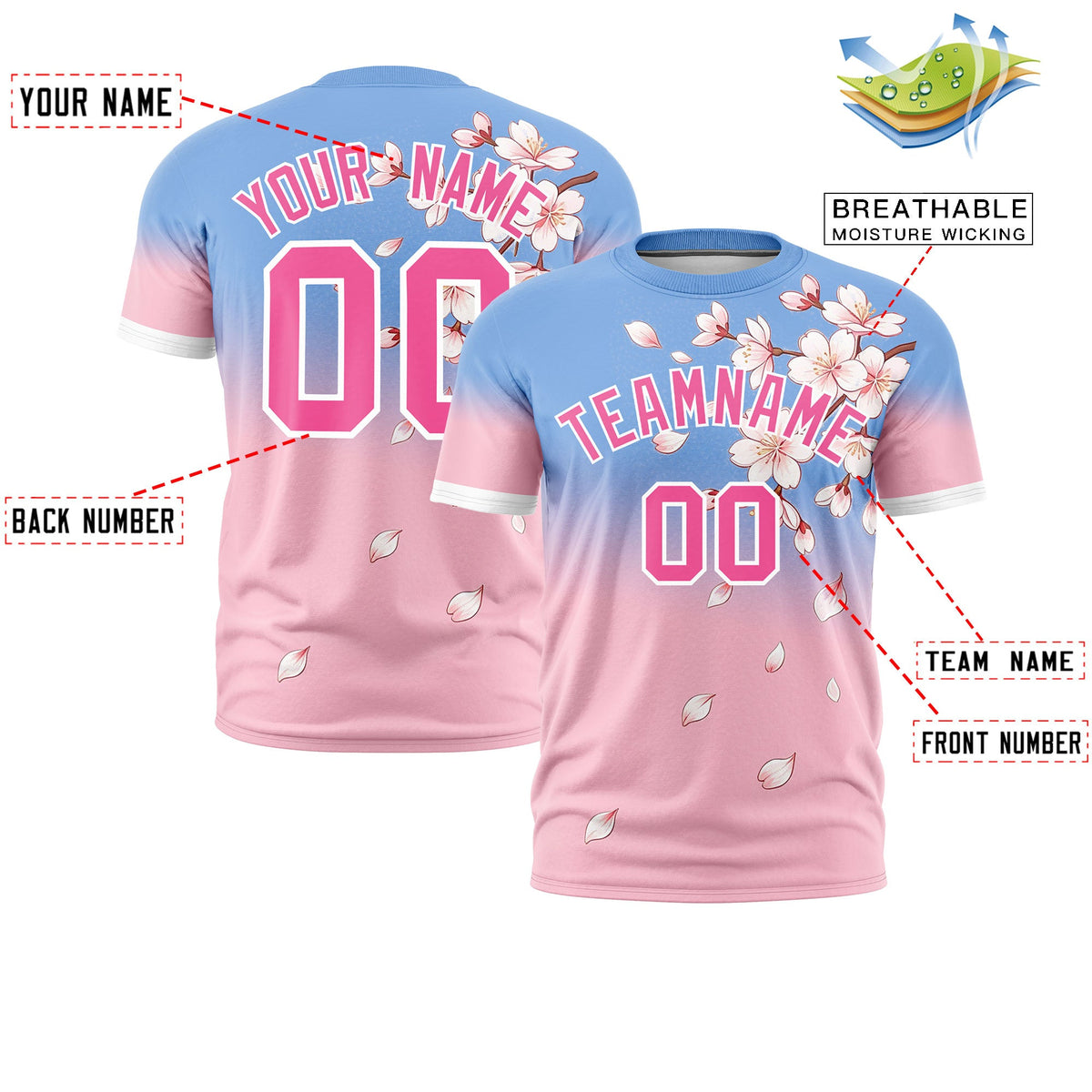 Custom Light Blue Light Pink Pink Cherry Blossoms Personalization Moisture-Wicking T-shirt| KXKSHOP