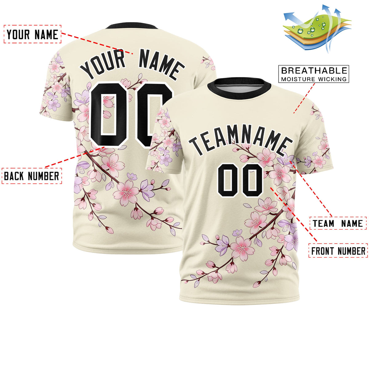 Custom Light Khaki Light Pink Black Cherry Blossoms Personalization Stretch Fabric T-shirt| KXKSHOP