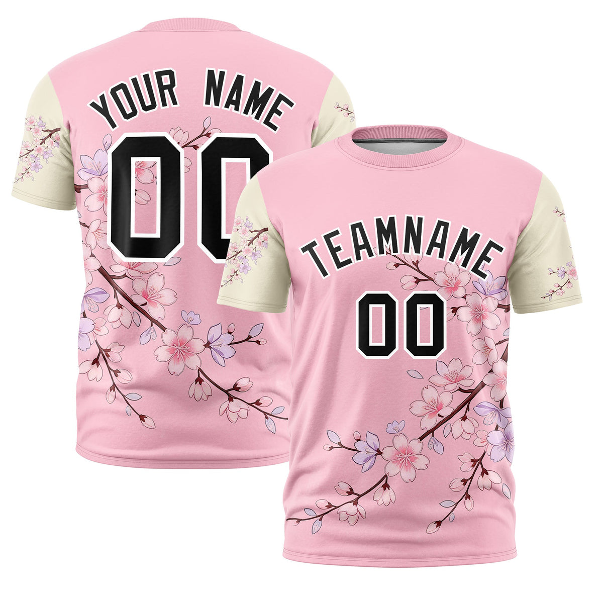 Custom Light Pink Light Khaki Black Cherry Blossoms Personalization Stretch Fabric T-shirt| KXKSHOP